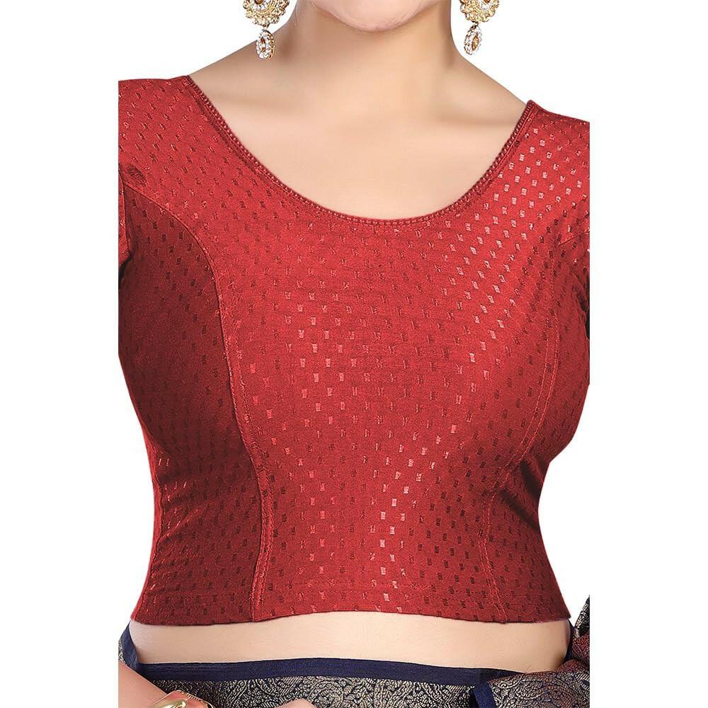 FINESTFIT Round Neck 100% Cotton Dobby Fabric Stretchable Elbow Sleeve Readymade Saree Blouse for Women.4096