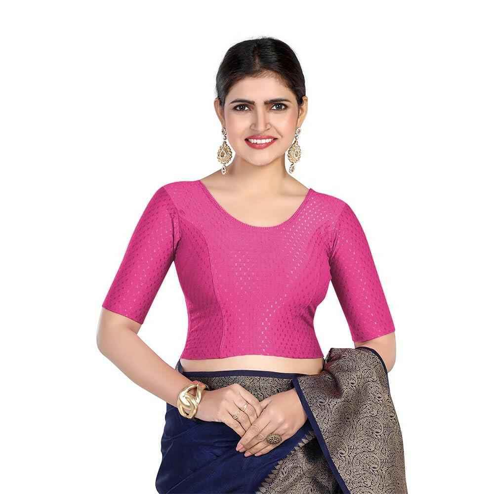 FINESTFIT 100% Cotton Fabric Stretchable Round Neck Elbow Sleeve Readymade Saree Blouse for Women - 4096 (Copy)