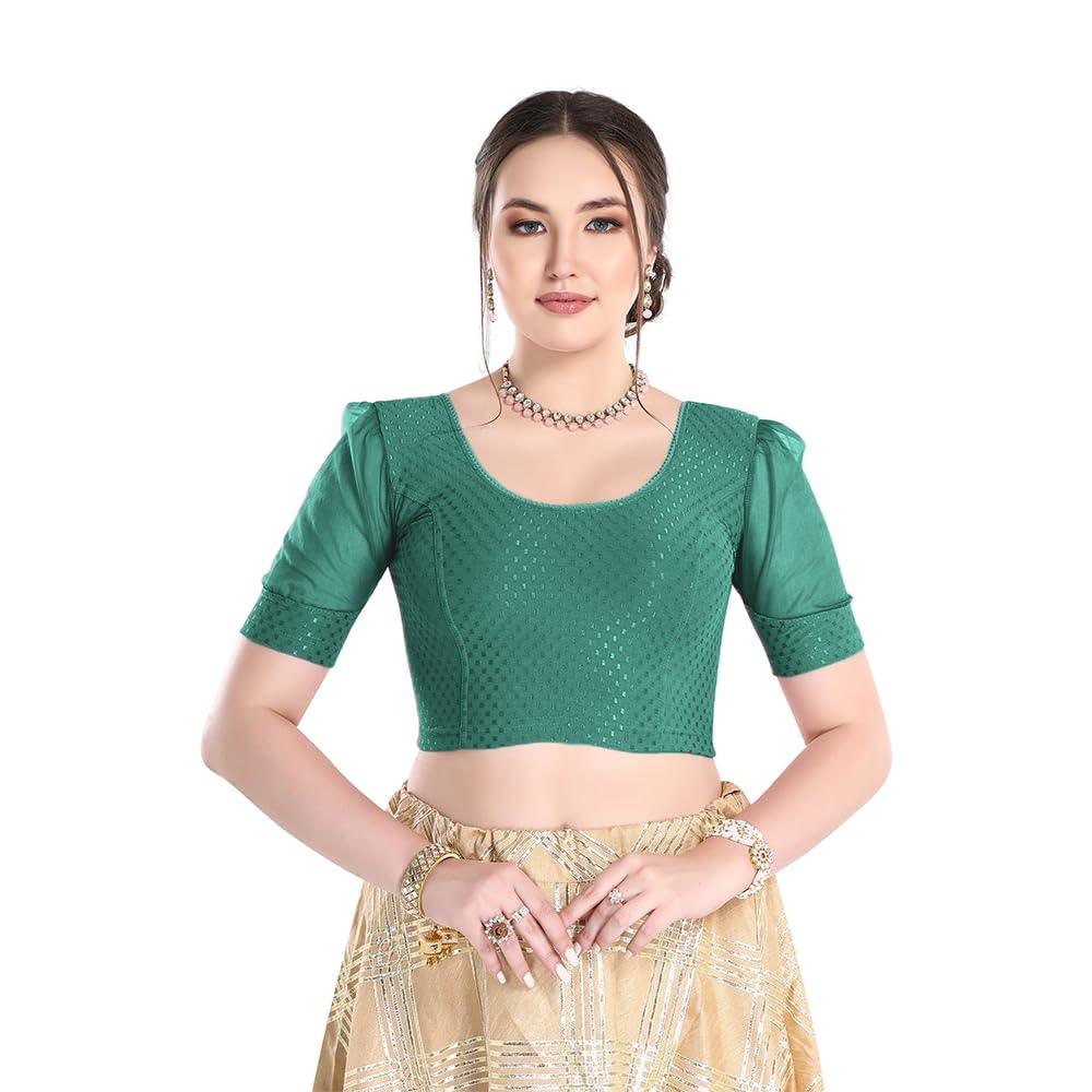 FINESTFIT Stay On Trend Latest Fashion 100% Cotton Dobby Readymade Blouses for Women,Round Neckline with Organza Balloon Sleeves.4520