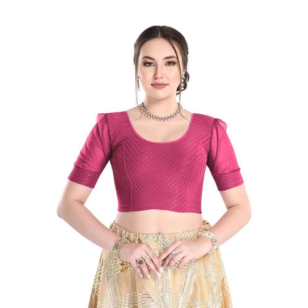 FINESTFIT Readymade Organza Balloon Sleeves Blouse for Women - 100% Cotton Dobby, Round Neckline, Latest Fashion 4520