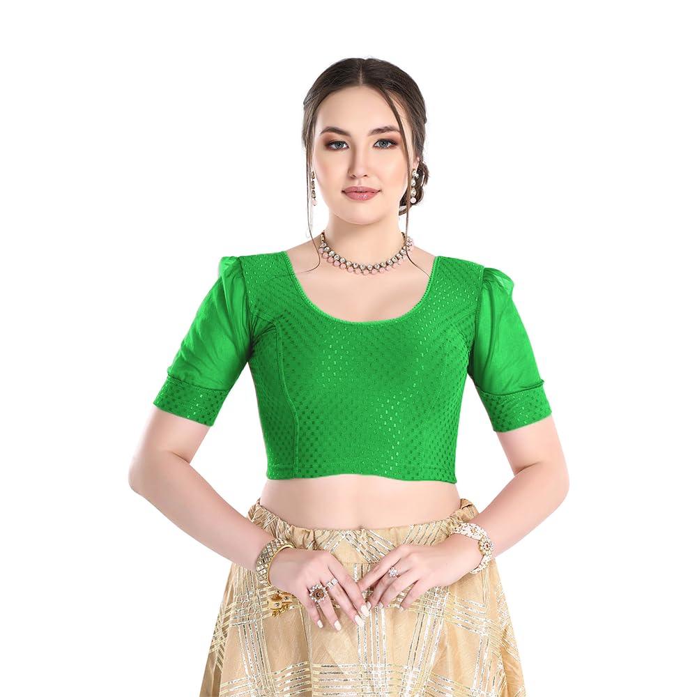 FINESTFIT Stay On Trend Latest Fashion 100% Cotton Dobby Readymade Blouses for Women,Round Neckline with Organza Balloon Sleeves.4520