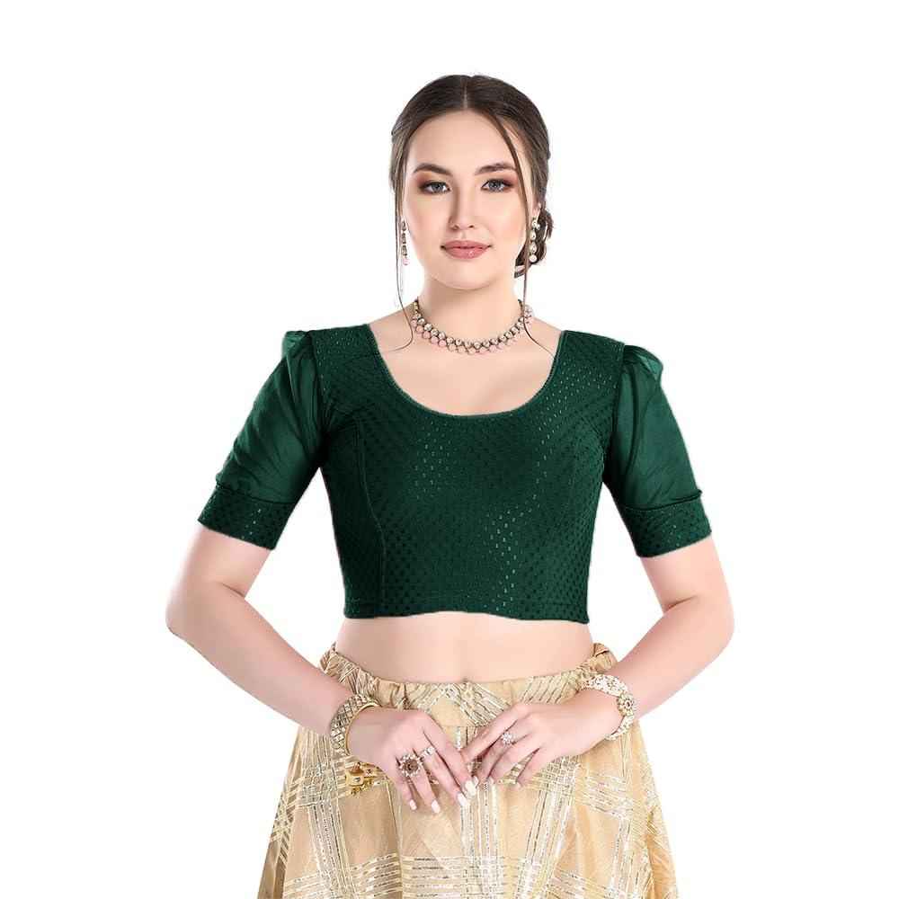 FINESTFIT Readymade Organza Balloon Sleeves Blouse for Women - 100% Cotton Dobby, Round Neckline, Latest Fashion 4520