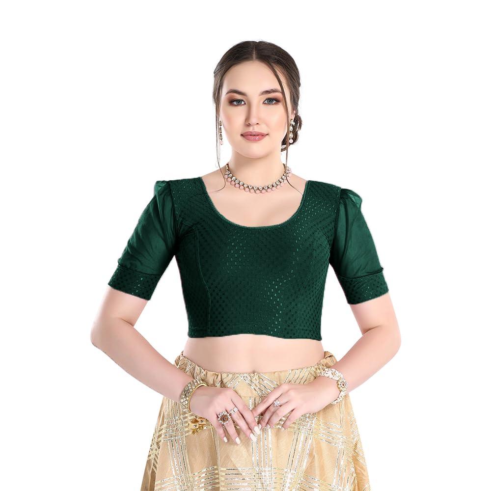 FINESTFIT Stay On Trend Latest Fashion 100% Cotton Dobby Readymade Blouses for Women,Round Neckline with Organza Balloon Sleeves.4520