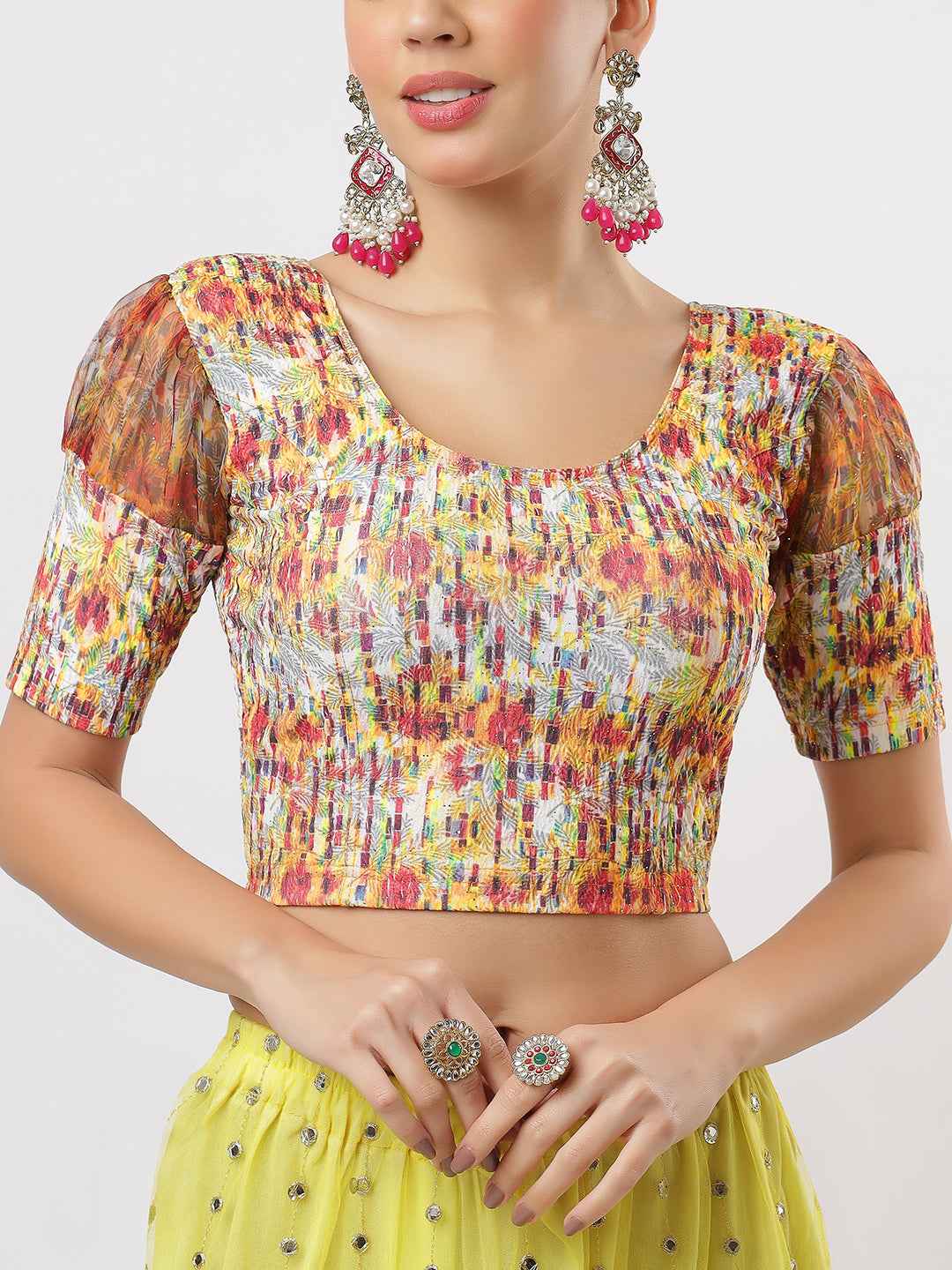 Stay On Trend: Latest Fashion Readymade Blouses for Women,round neckline with  digitally printed balloon sleeves.20034