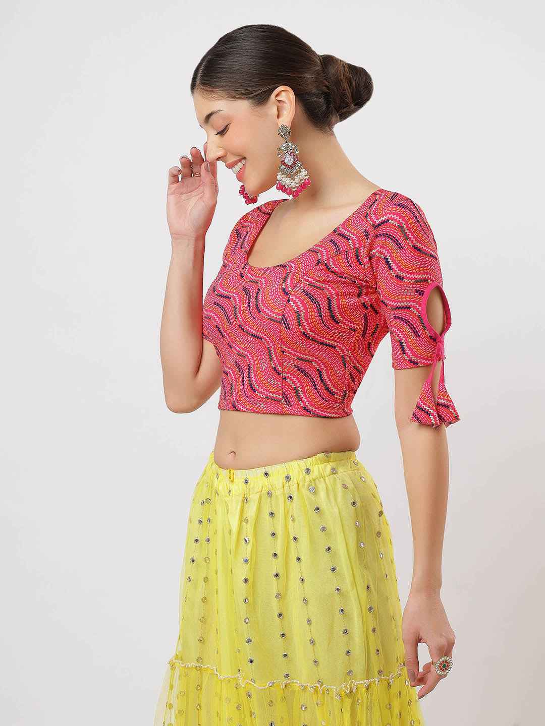 Stay On Trend: Latest Fashion Readymade Blouses for Women, round neckline, with latkan sleeves.