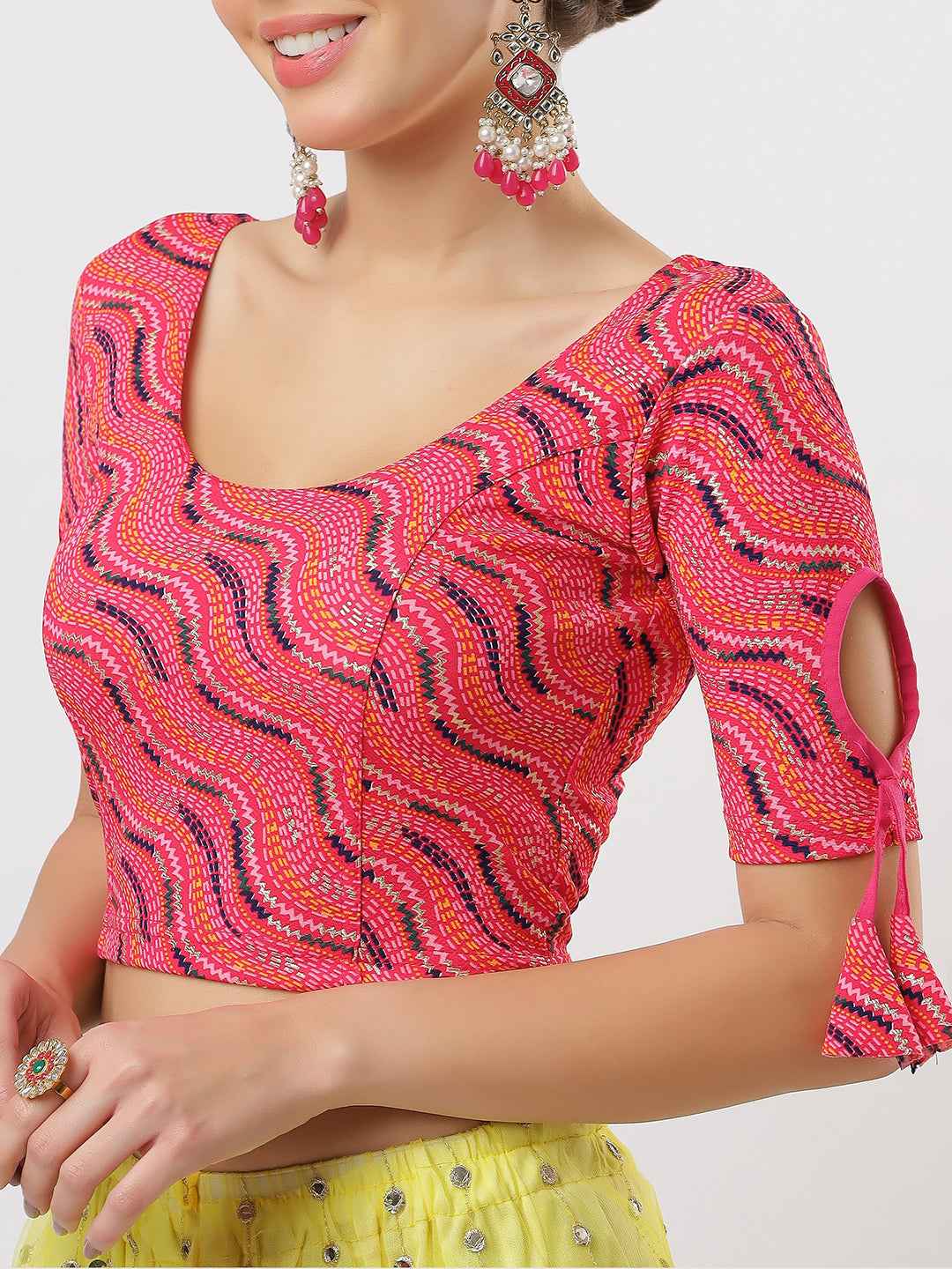 Stay On Trend: Latest Fashion Readymade Blouses for Women, round neckline, with latkan sleeves.