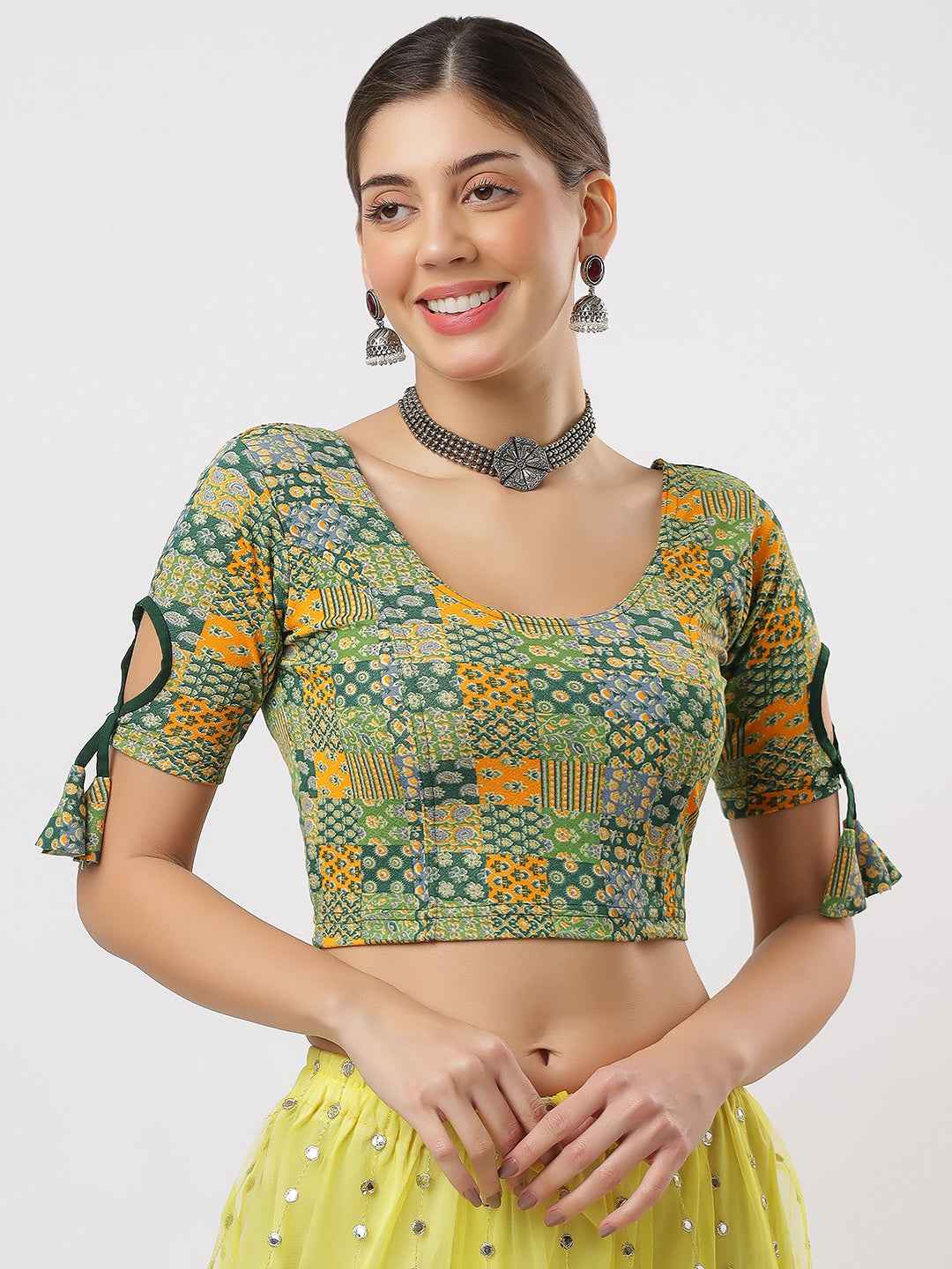 Stay On Trend: Latest Fashion Readymade Blouses for Women, round neckline, with latkan sleeves.6749