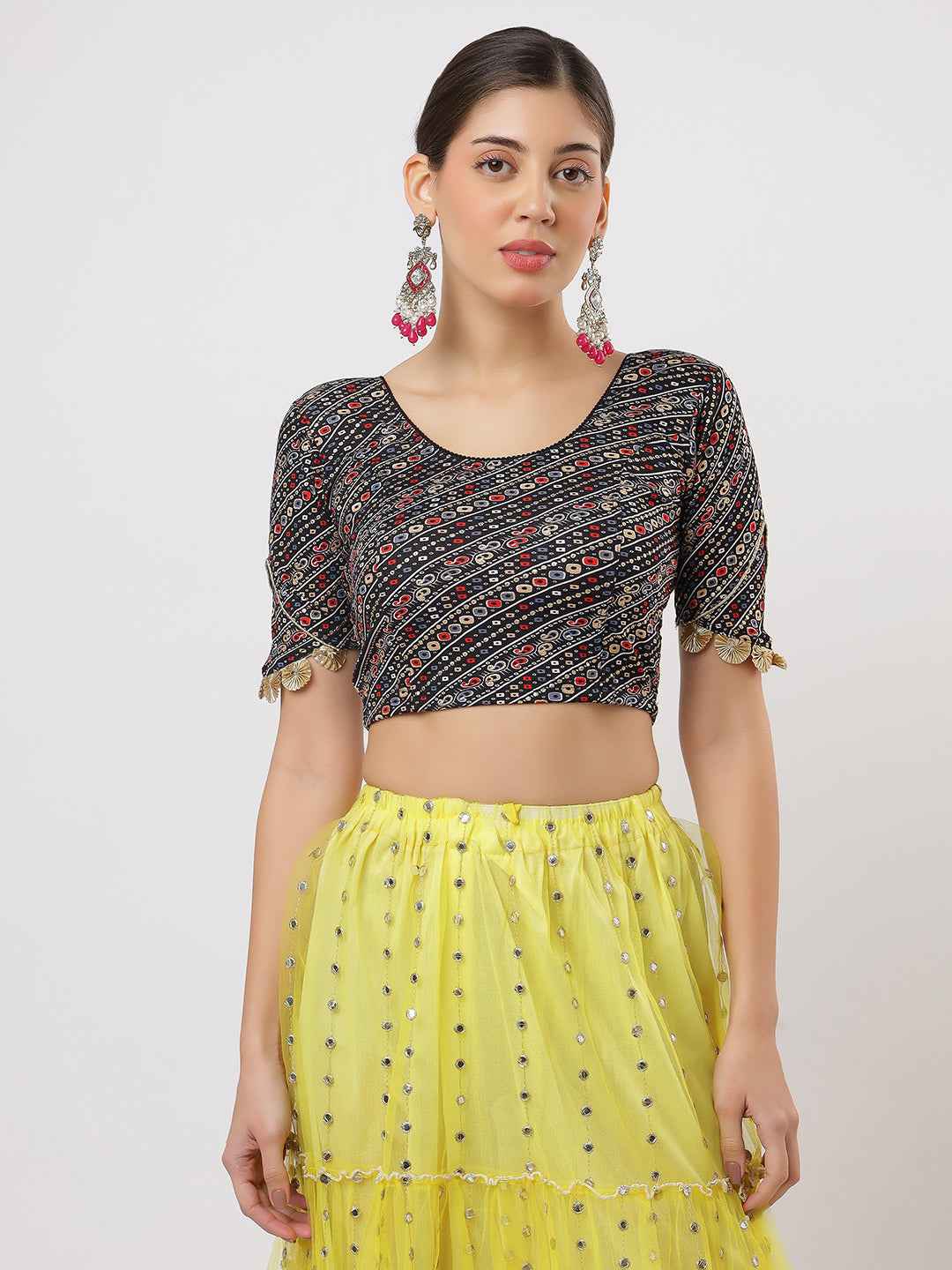 Stay On Trend: Latest Fashion Readymade Blouses for Women,round neckline ,elbow sleeves ,adorned with handly stitched golden flowers on hem.29007