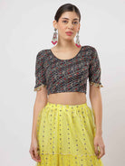 Stay On Trend: Latest Fashion Readymade Blouses for Women,round neckline ,elbow sleeves ,adorned with handly stitched golden flowers on hem.29007