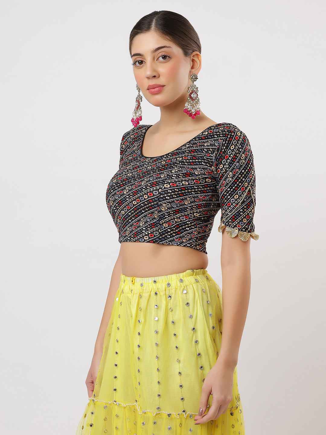 Stay On Trend: Latest Fashion Readymade Blouses for Women,round neckline ,elbow sleeves ,adorned with handly stitched golden flowers on hem.29007