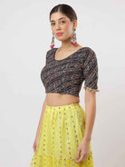 Stay On Trend: Latest Fashion Readymade Blouses for Women,round neckline ,elbow sleeves ,adorned with handly stitched golden flowers on hem.29007