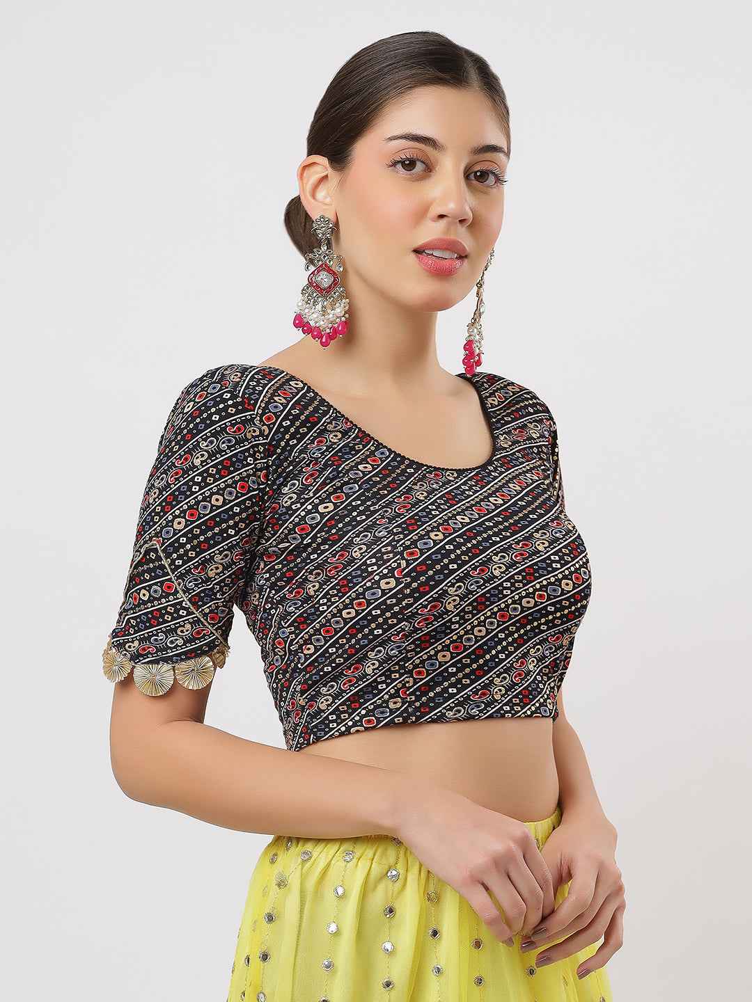 Stay On Trend: Latest Fashion Readymade Blouses for Women,round neckline ,elbow sleeves ,adorned with handly stitched golden flowers on hem.29007
