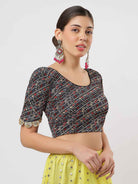Stay On Trend: Latest Fashion Readymade Blouses for Women,round neckline ,elbow sleeves ,adorned with handly stitched golden flowers on hem.29007
