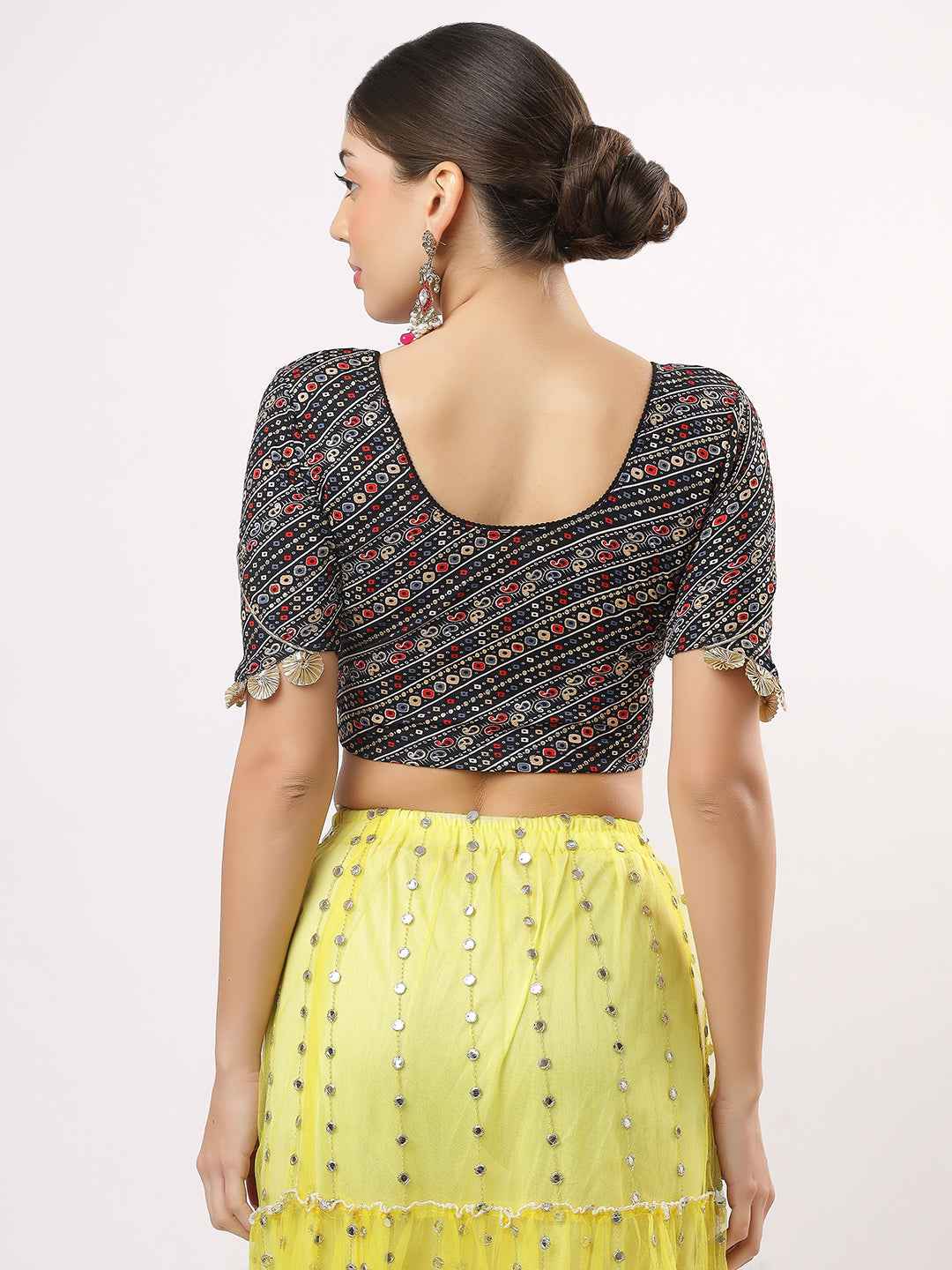 Stay On Trend: Latest Fashion Readymade Blouses for Women,round neckline ,elbow sleeves ,adorned with handly stitched golden flowers on hem.29007