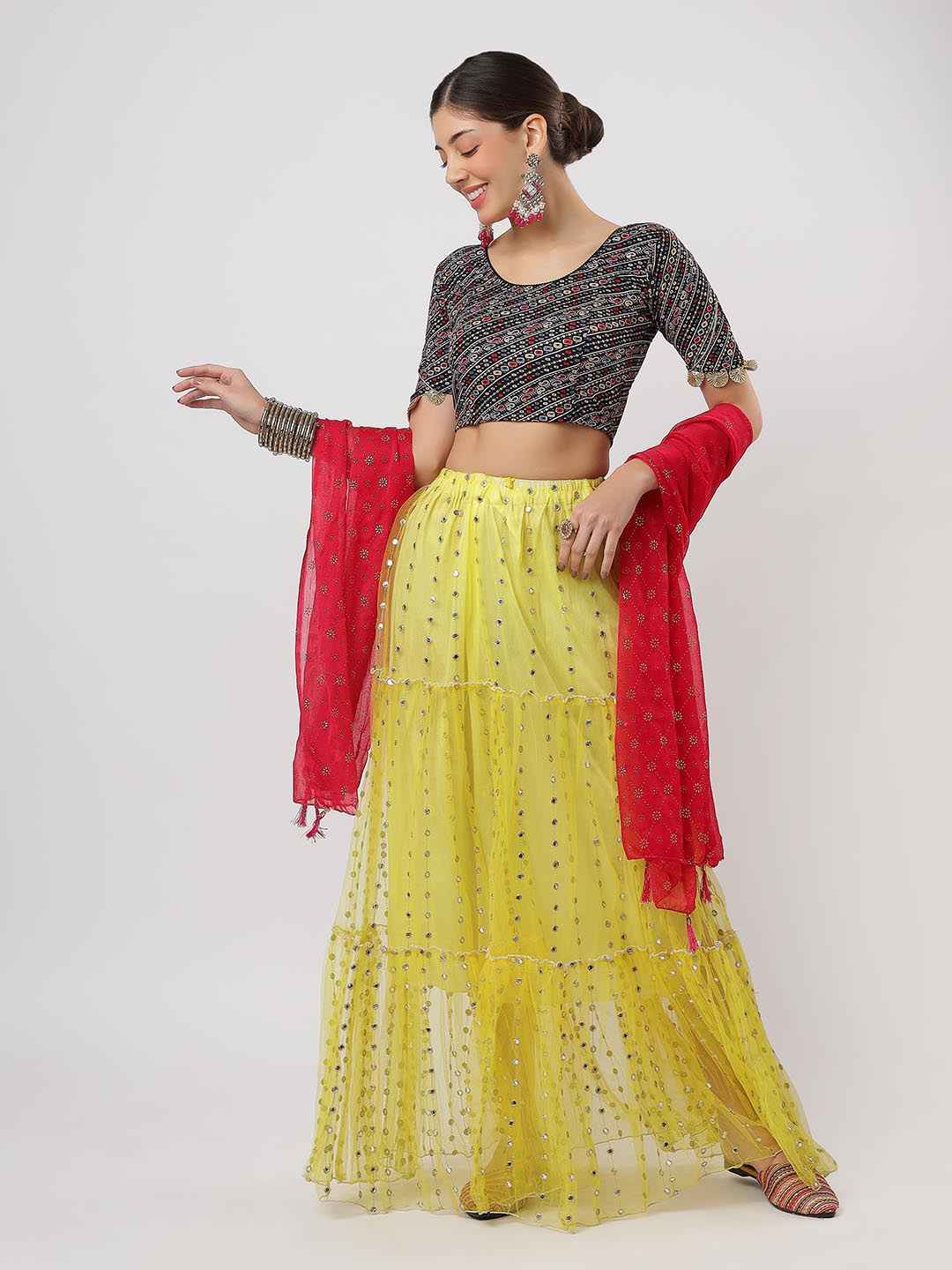 Stay On Trend: Latest Fashion Readymade Blouses for Women,round neckline ,elbow sleeves ,adorned with handly stitched golden flowers on hem.29007