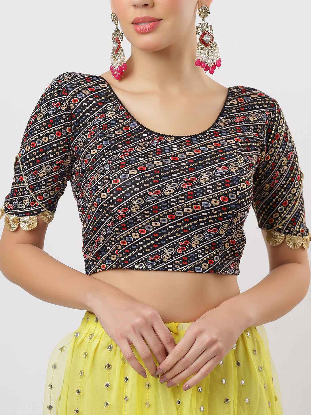 Stay On Trend: Latest Fashion Readymade Blouses for Women,round neckline ,elbow sleeves ,adorned with handly stitched golden flowers on hem.29007