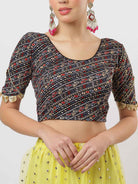 Stay On Trend: Latest Fashion Readymade Blouses for Women,round neckline ,elbow sleeves ,adorned with handly stitched golden flowers on hem.29007