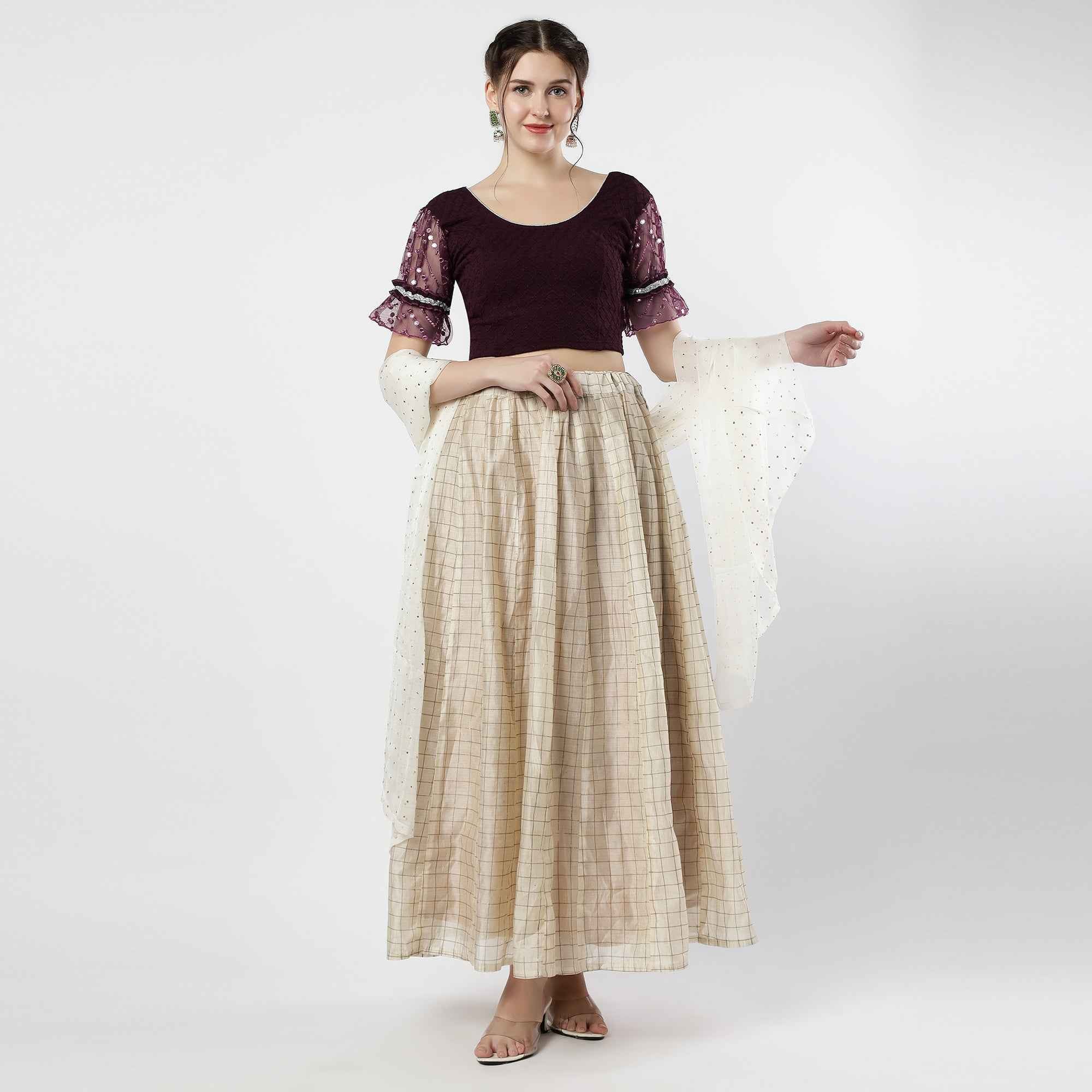 Stay On Trend: Latest Fashion Readymade Blouses for Women,round neckline,abala organza work balloon sleeves ,adorned with lace detail.35050