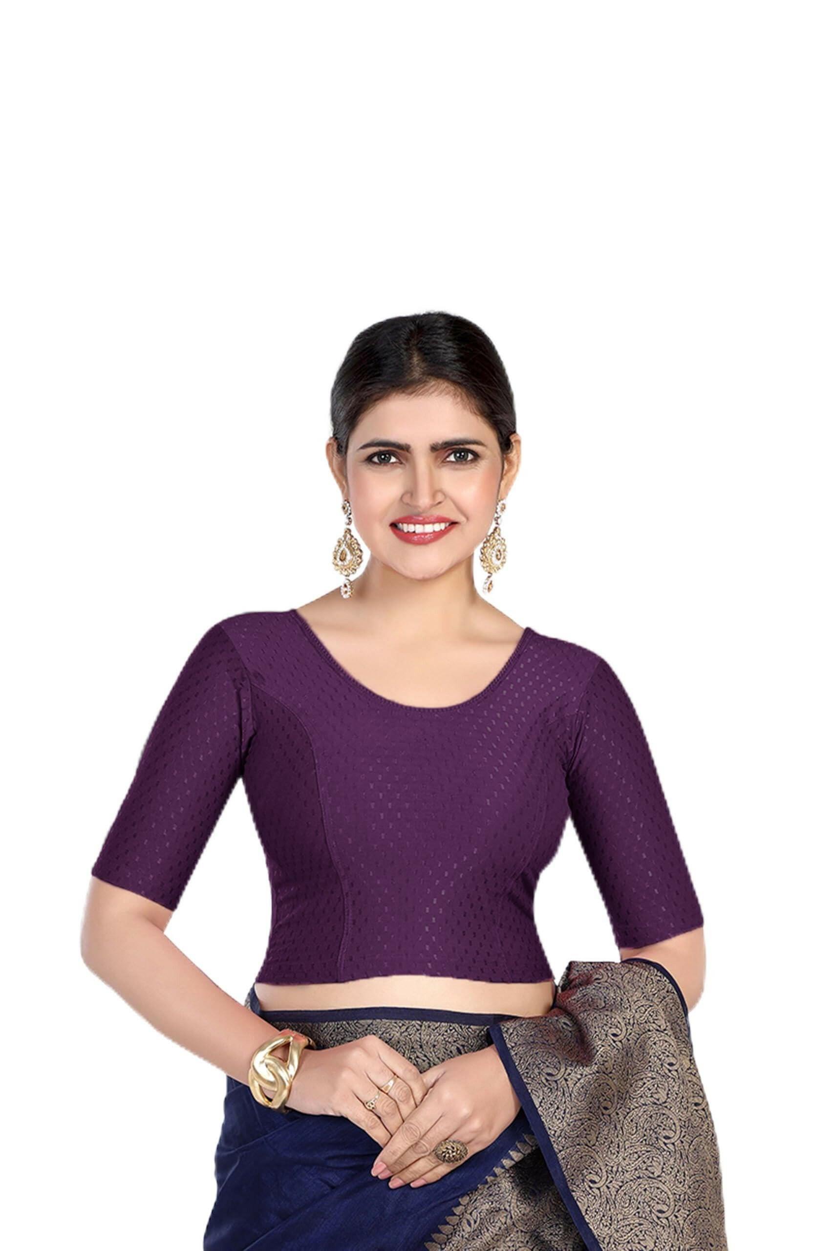 FINESTFIT Round Neck 100% Cotton Dobby Fabric Stretchable Elbow Sleeve Readymade Saree Blouse for Women.4096