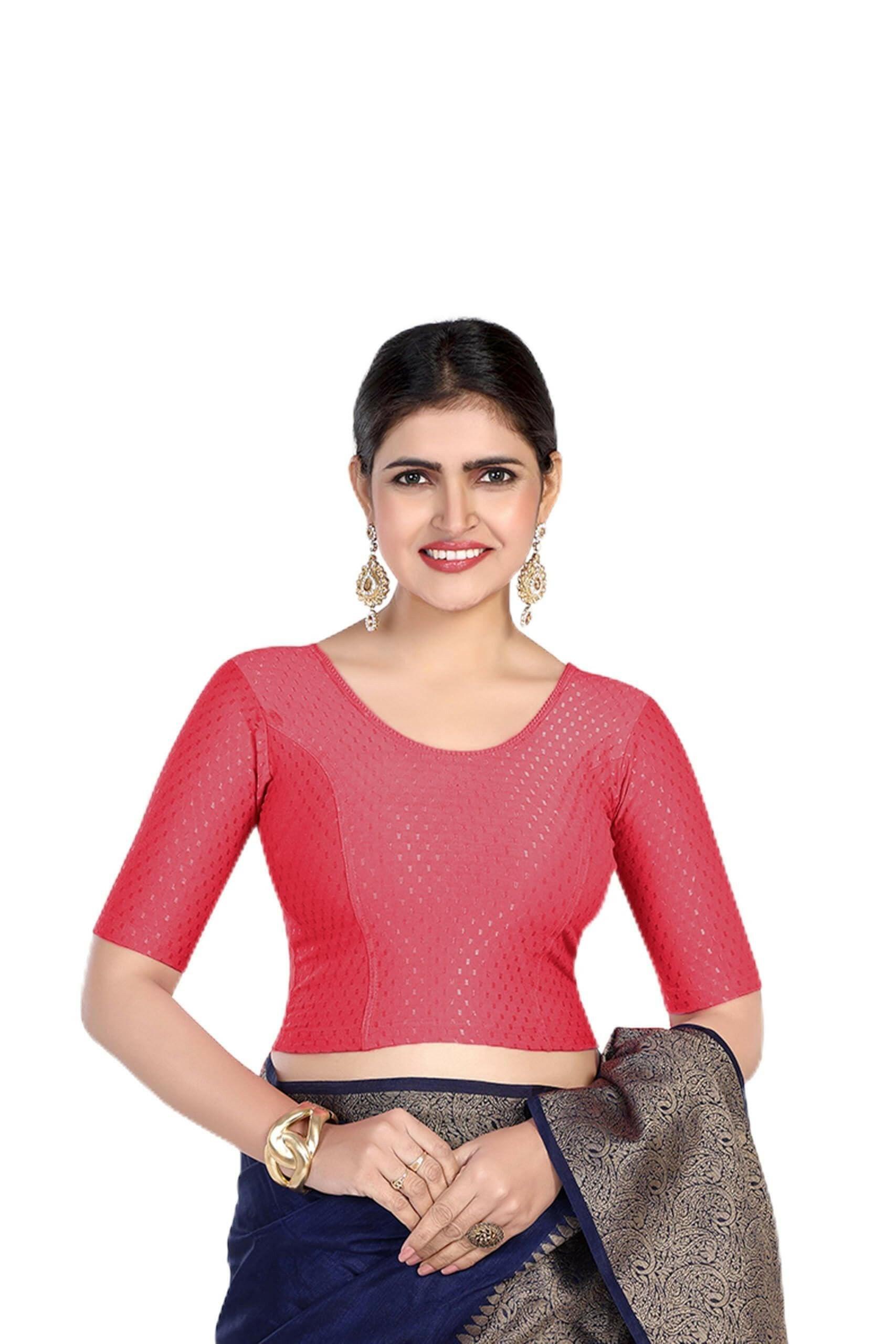 FINESTFIT Round Neck 100% Cotton Dobby Fabric Stretchable Elbow Sleeve Readymade Saree Blouse for Women.4096