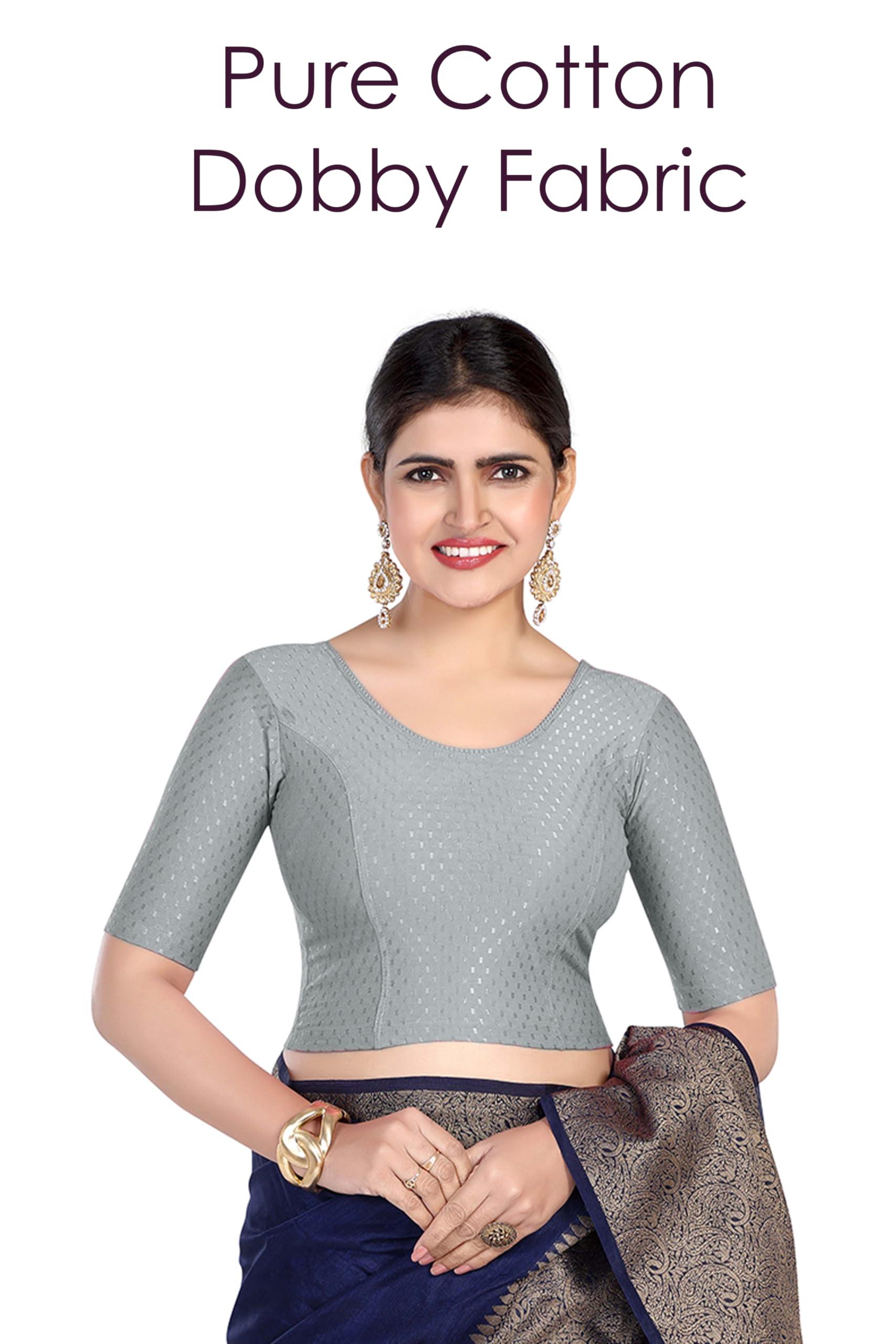 FINESTFIT Round Neck 100% Cotton Dobby Fabric Stretchable Elbow Sleeve Readymade Saree Blouse for Women.4096