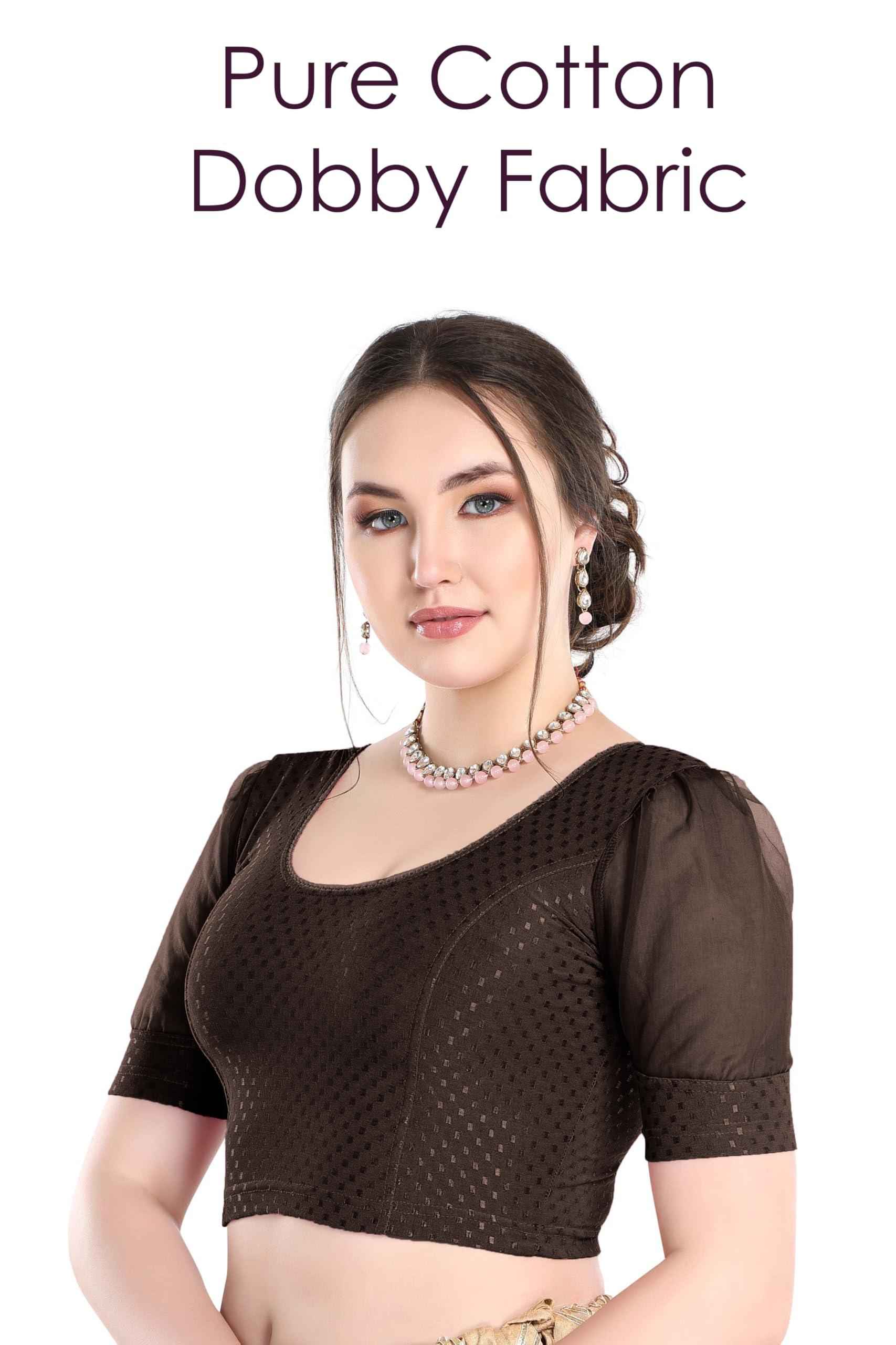 FINESTFIT Readymade Organza Balloon Sleeves Blouse for Women - 100% Cotton Dobby, Round Neckline, Latest Fashion 4520