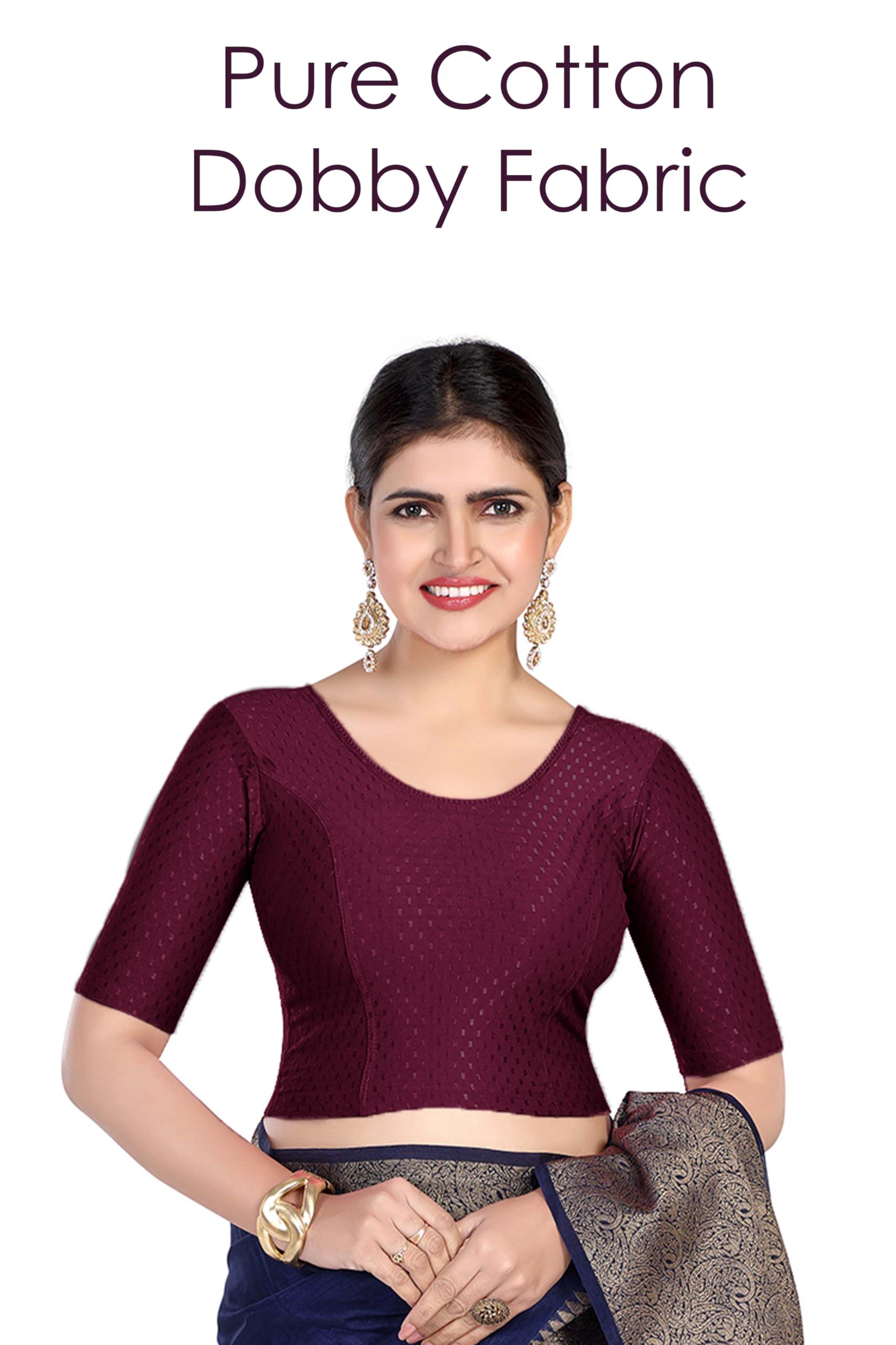FINESTFIT Round Neck 100% Cotton Dobby Fabric Stretchable Elbow Sleeve Readymade Saree Blouse for Women.4096