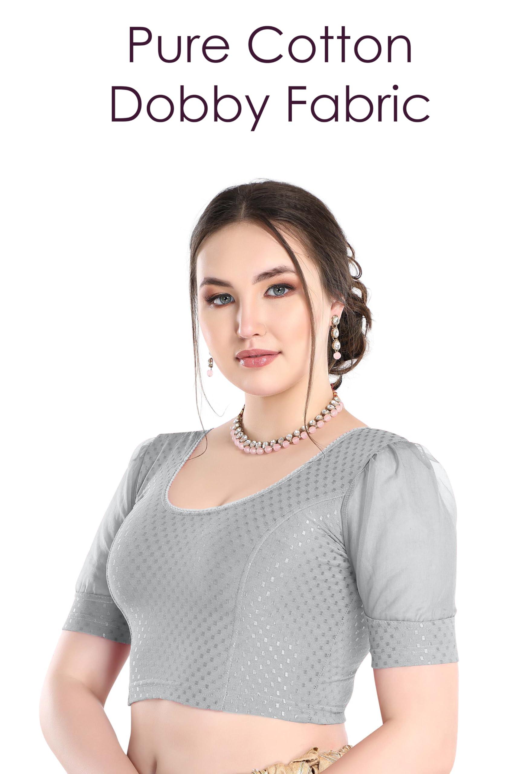 FINESTFIT Stay On Trend Latest Fashion 100% Cotton Dobby Readymade Blouses for Women,Round Neckline with Organza Balloon Sleeves.4520