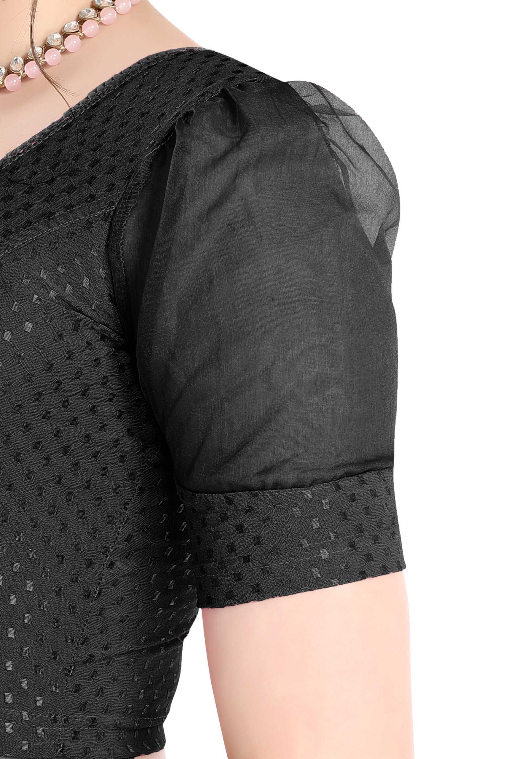 FINESTFIT Stay On Trend Latest Fashion 100% Cotton Dobby Readymade Blouses for Women,Round Neckline with Organza Balloon Sleeves.4520