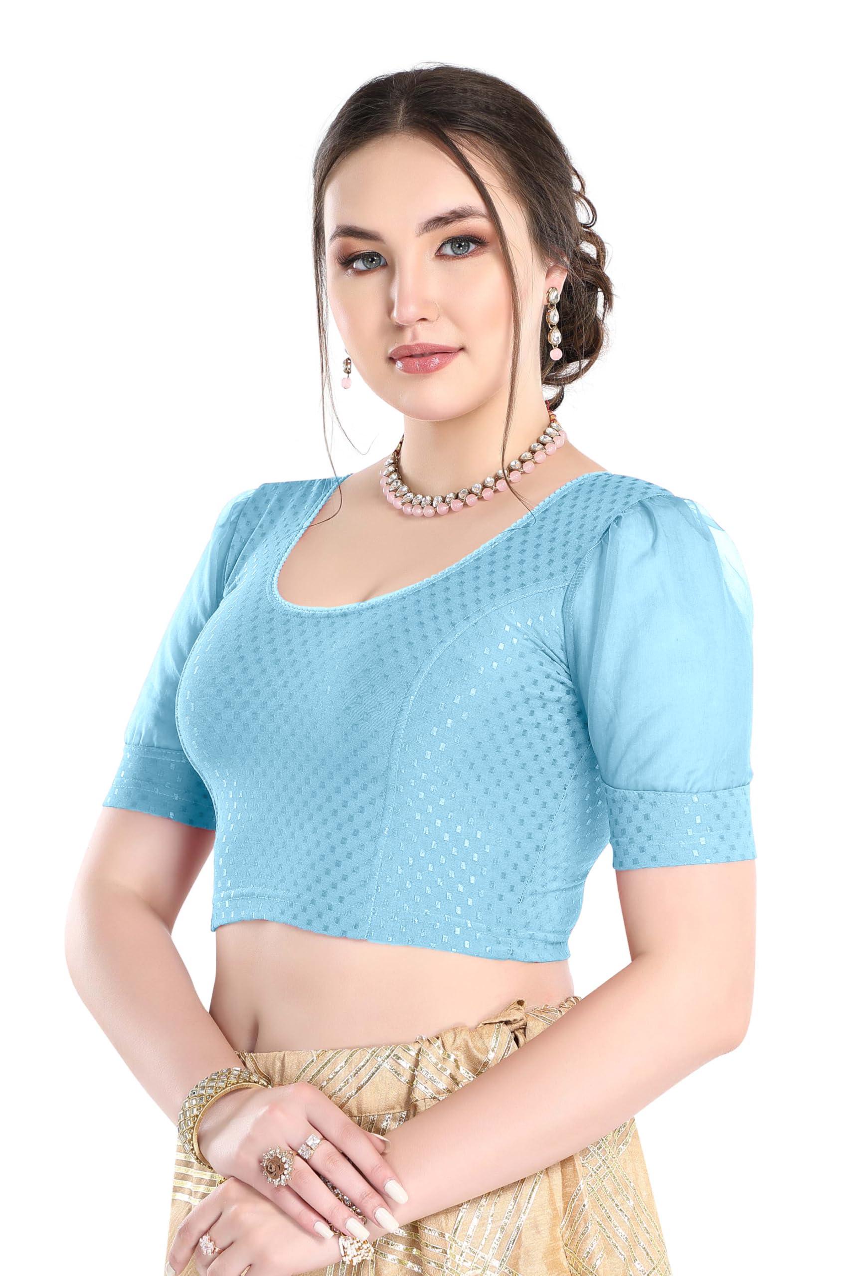 FINESTFIT Stay On Trend Latest Fashion 100% Cotton Dobby Readymade Blouses for Women,Round Neckline with Organza Balloon Sleeves.4520