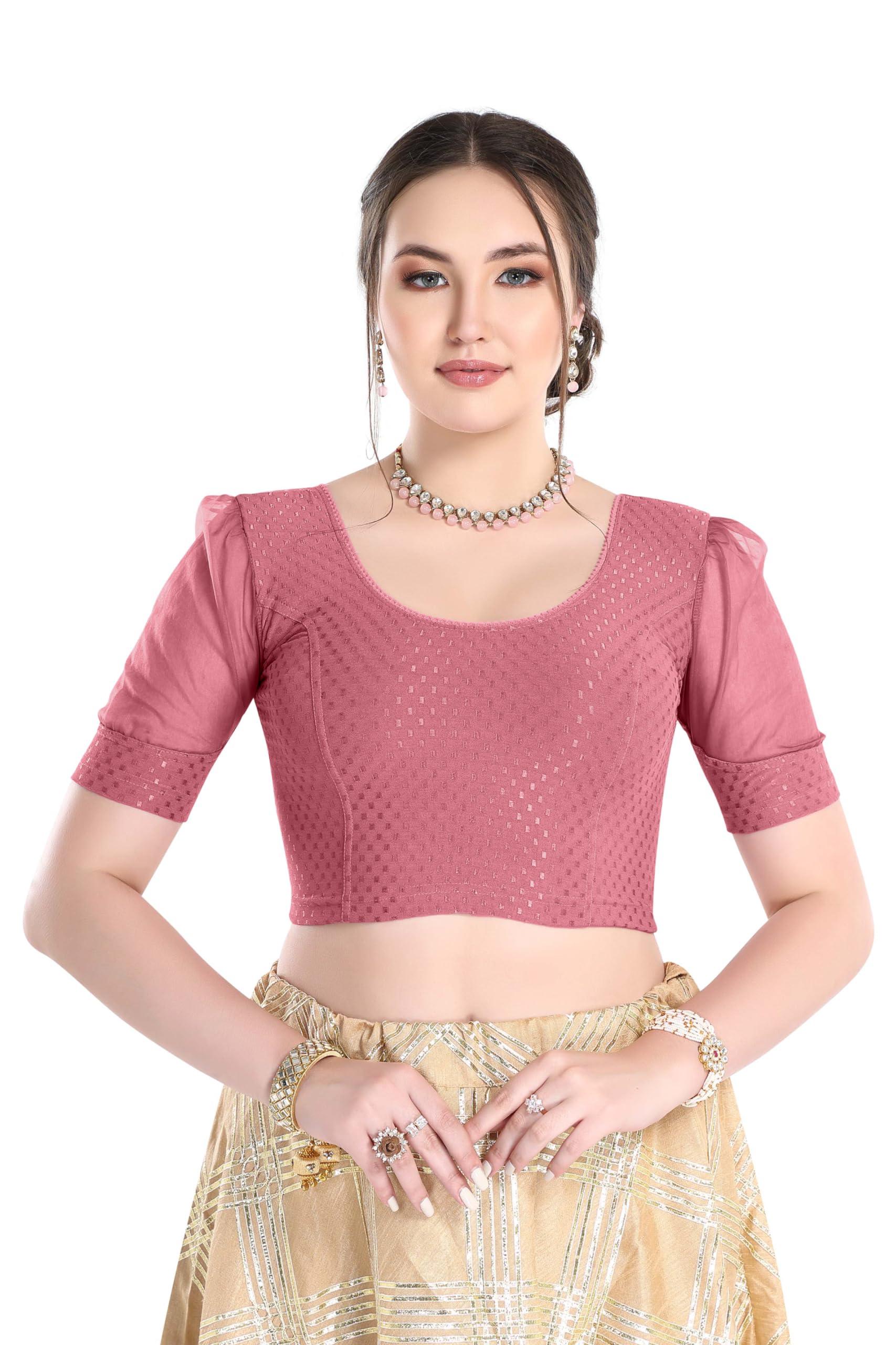 FINESTFIT Stay On Trend Latest Fashion 100% Cotton Dobby Readymade Blouses for Women,Round Neckline with Organza Balloon Sleeves.4520