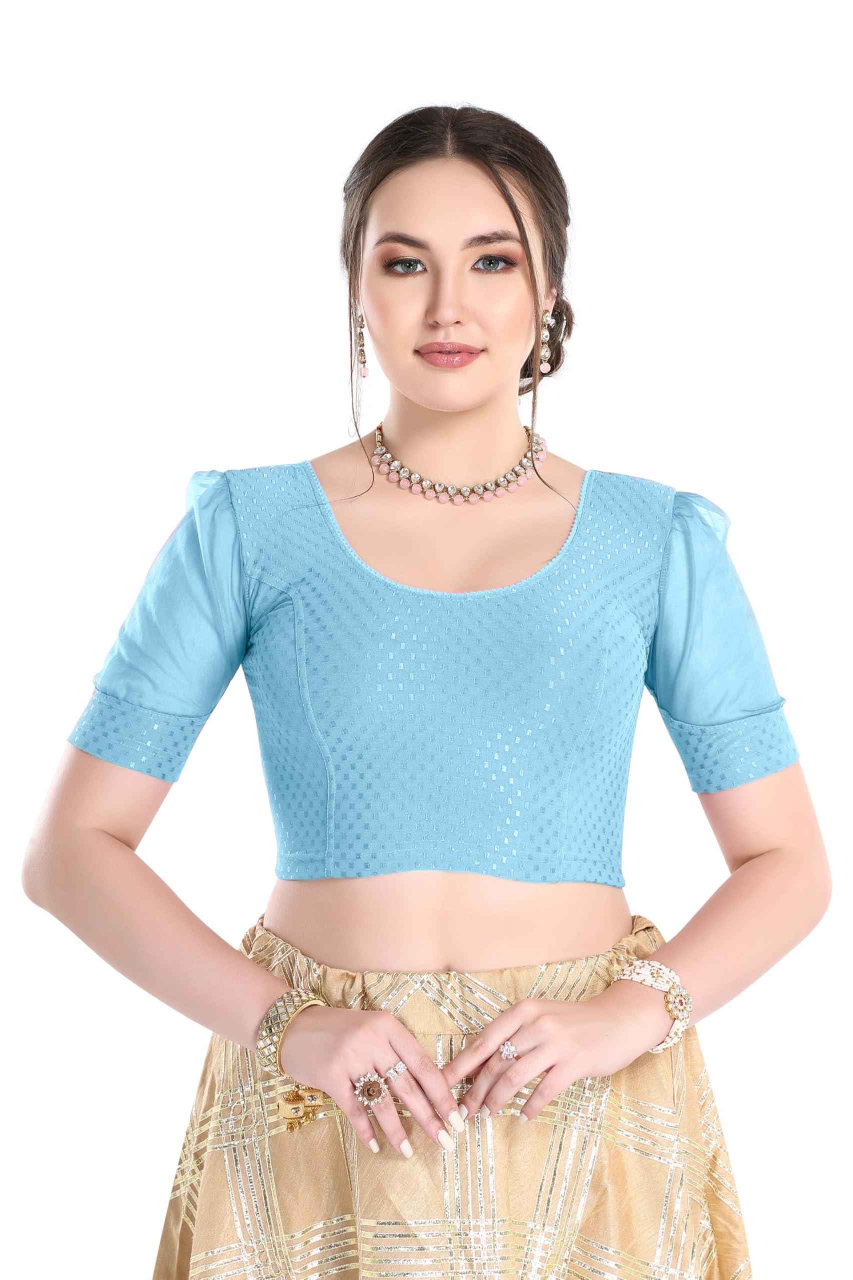 FINESTFIT Readymade Organza Balloon Sleeves Blouse for Women - 100% Cotton Dobby, Round Neckline, Latest Fashion 4520