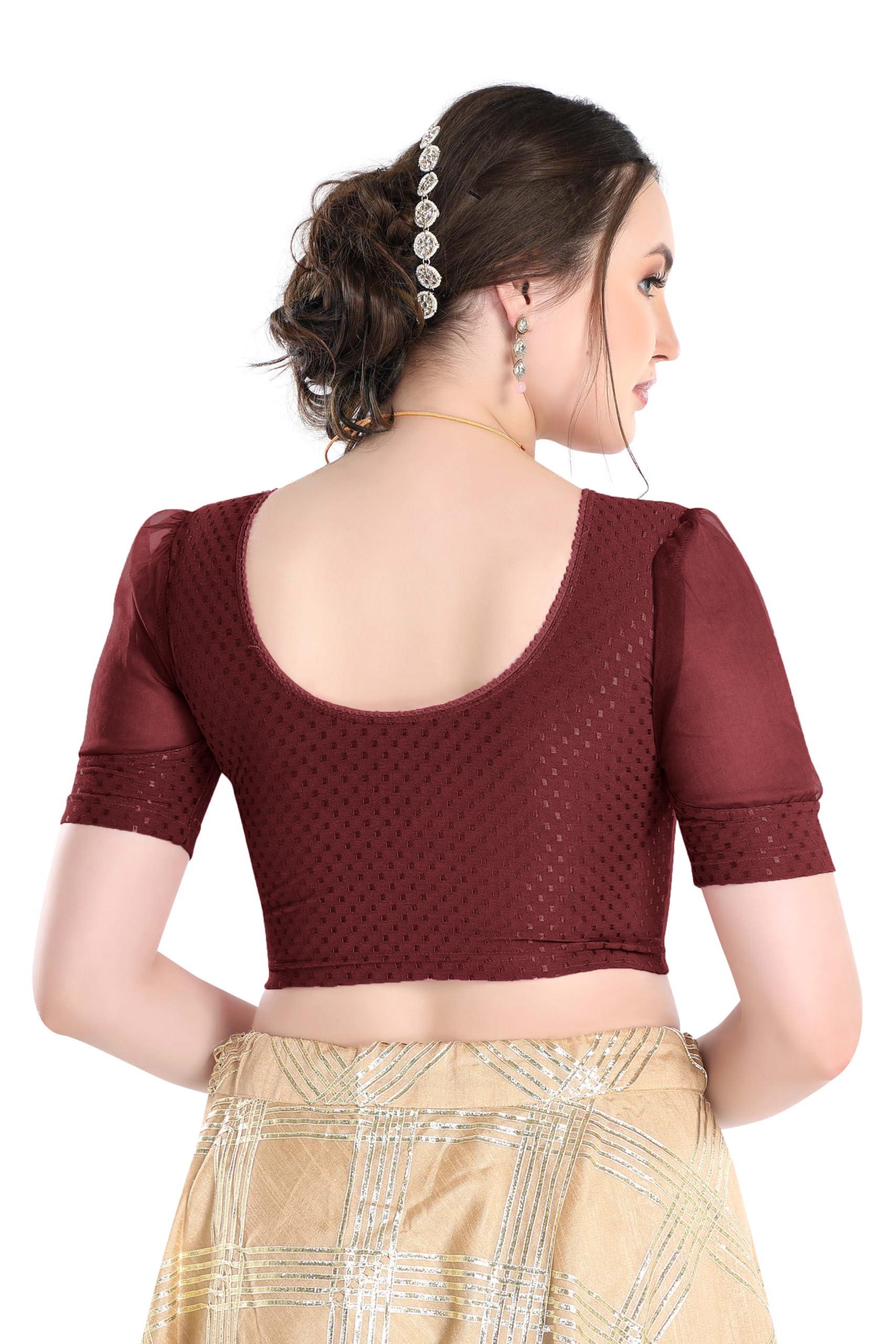 FINESTFIT Stay On Trend Latest Fashion 100% Cotton Dobby Readymade Blouses for Women,Round Neckline with Organza Balloon Sleeves.4520