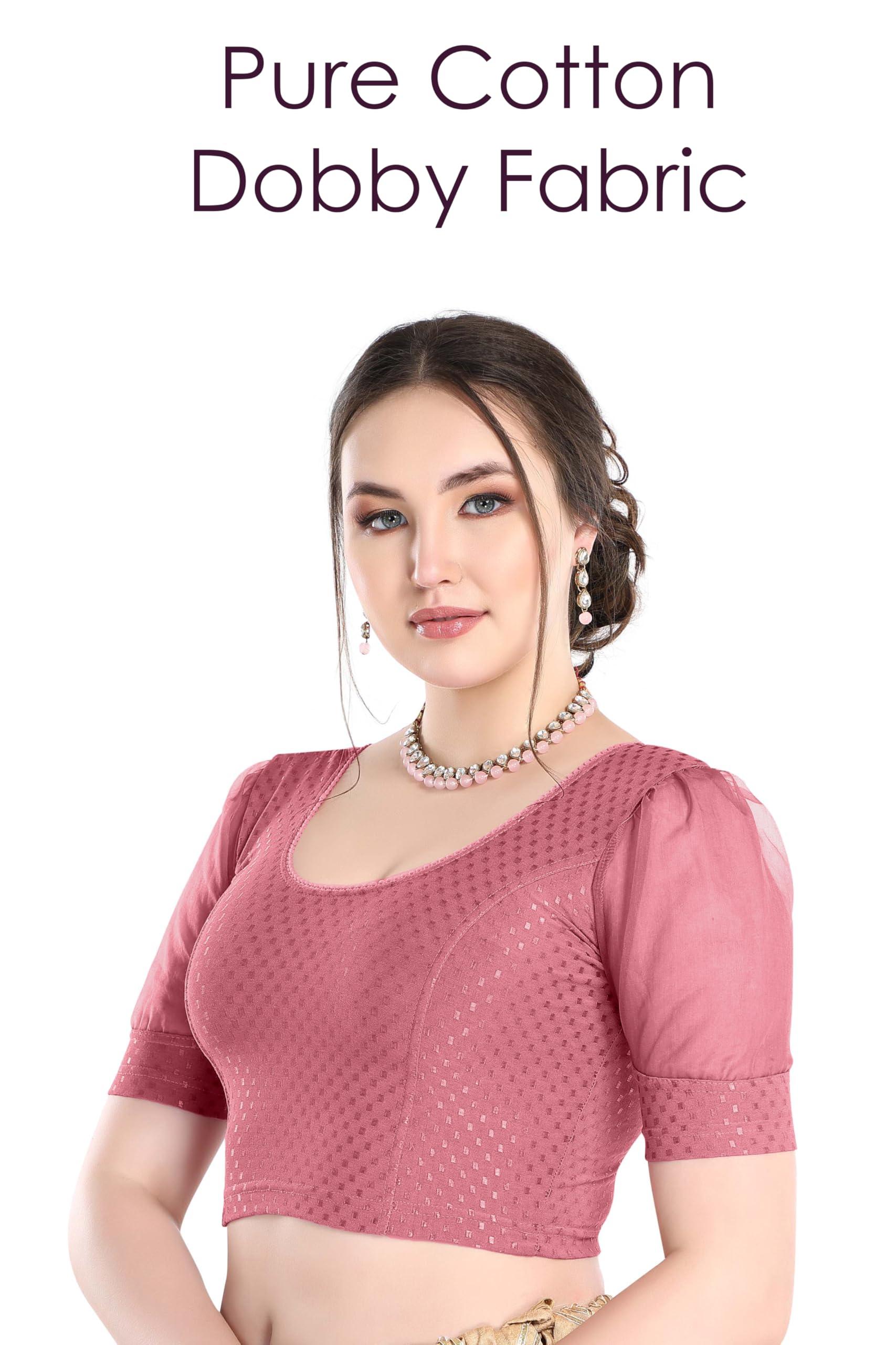 FINESTFIT Stay On Trend Latest Fashion 100% Cotton Dobby Readymade Blouses for Women,Round Neckline with Organza Balloon Sleeves.4520