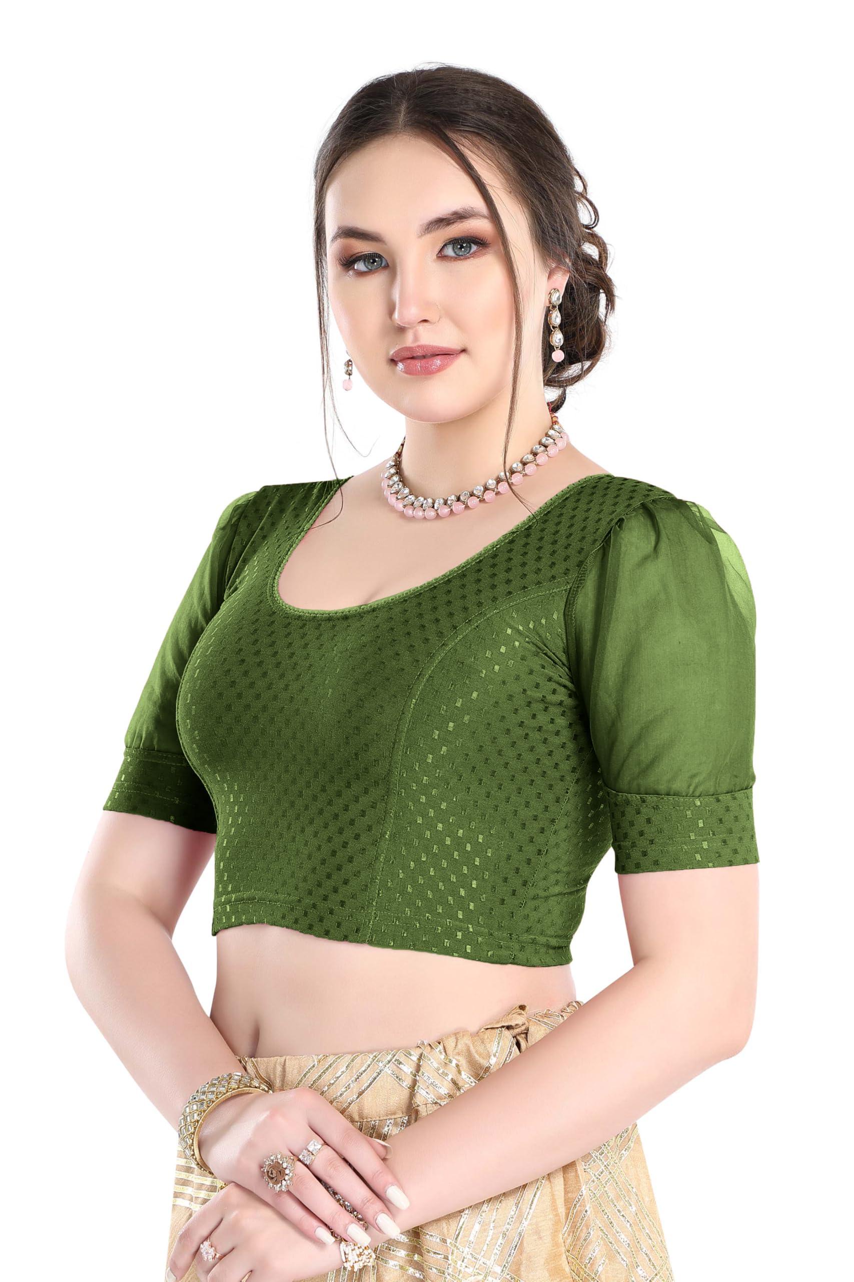 FINESTFIT Stay On Trend Latest Fashion 100% Cotton Dobby Readymade Blouses for Women,Round Neckline with Organza Balloon Sleeves.4520