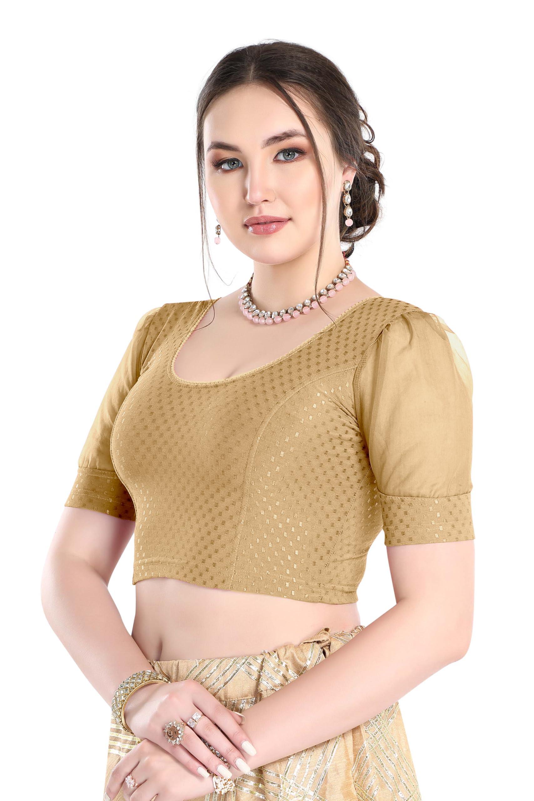 FINESTFIT Stay On Trend Latest Fashion 100% Cotton Dobby Readymade Blouses for Women,Round Neckline with Organza Balloon Sleeves.4520