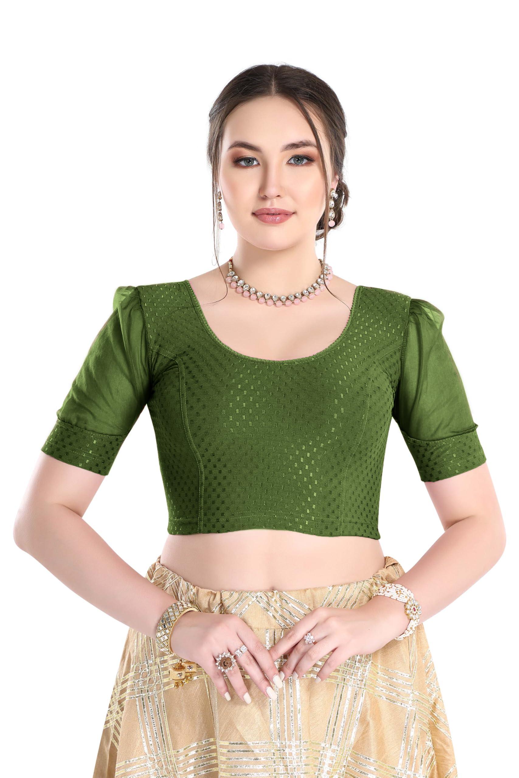 FINESTFIT Stay On Trend Latest Fashion 100% Cotton Dobby Readymade Blouses for Women,Round Neckline with Organza Balloon Sleeves.4520