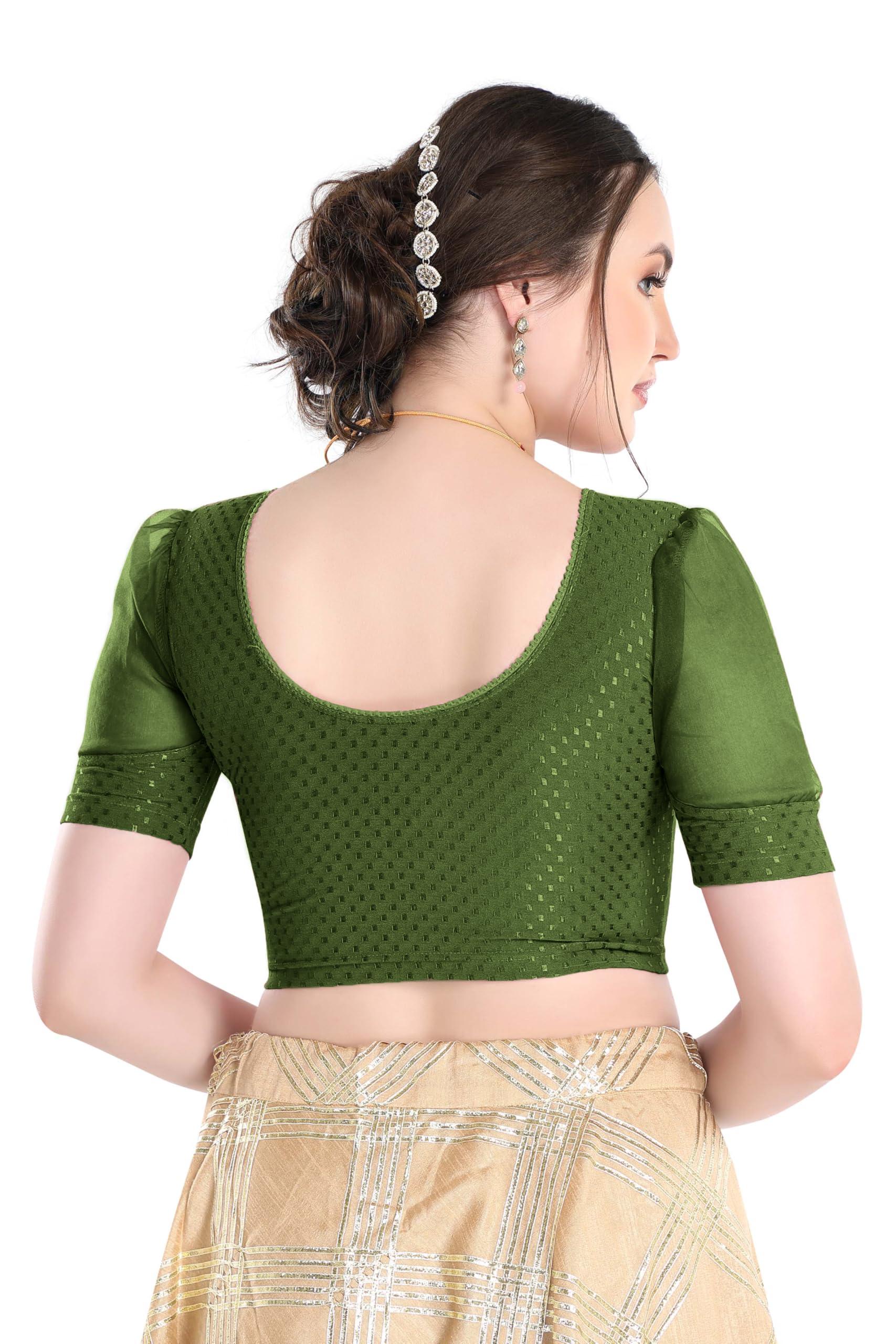 FINESTFIT Stay On Trend Latest Fashion 100% Cotton Dobby Readymade Blouses for Women,Round Neckline with Organza Balloon Sleeves.4520