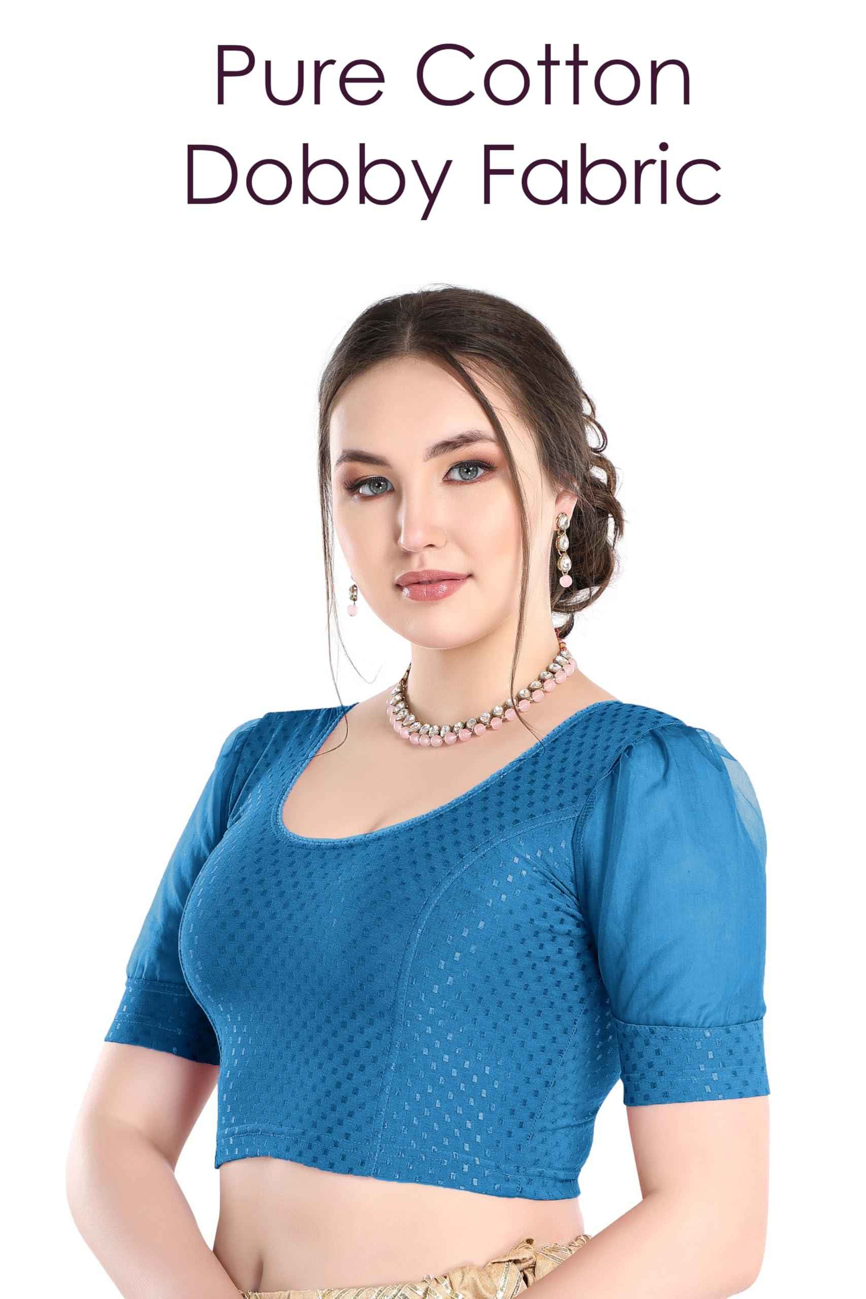 FINESTFIT Readymade Organza Balloon Sleeves Blouse for Women - 100% Cotton Dobby, Round Neckline, Latest Fashion 4520