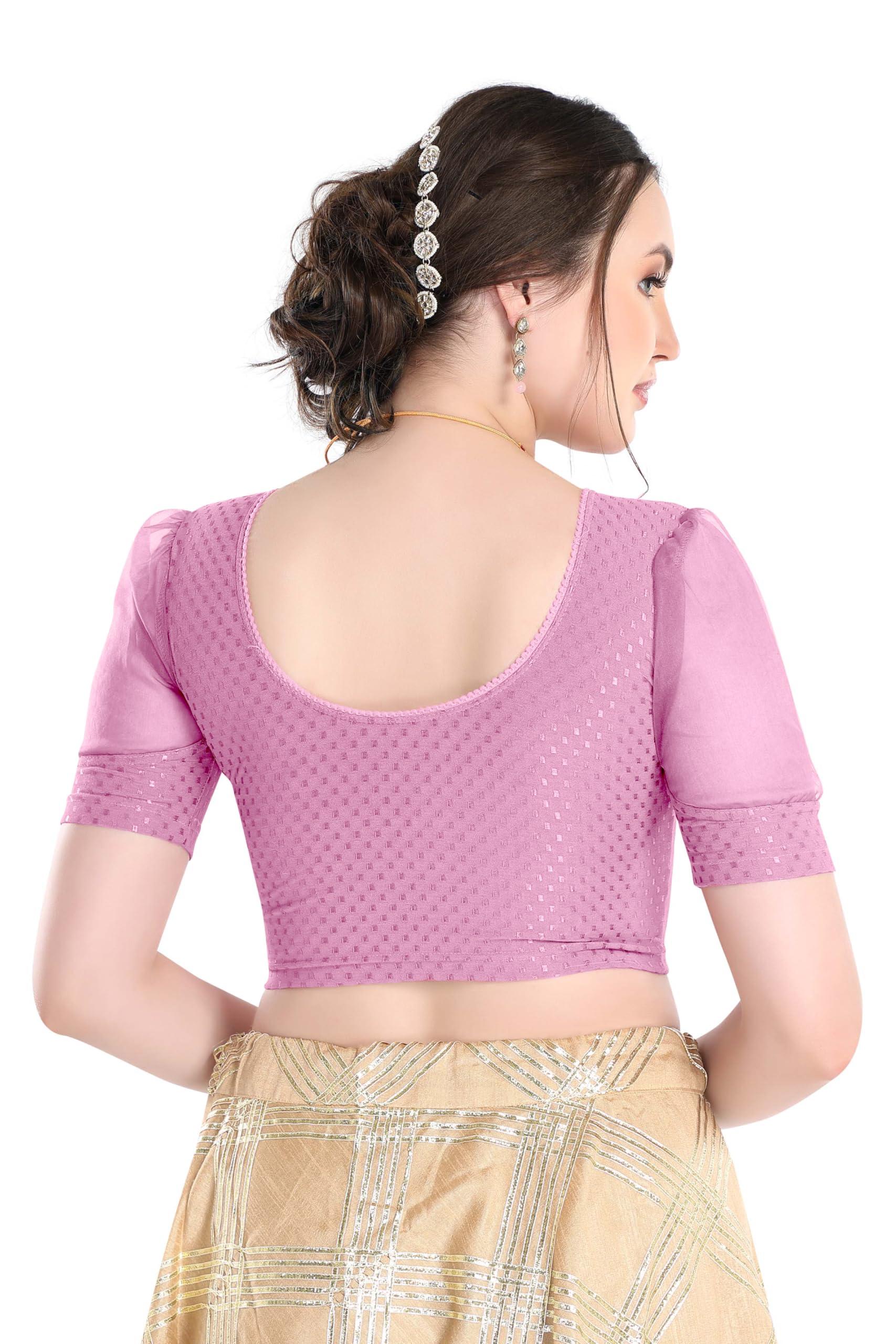 FINESTFIT Stay On Trend Latest Fashion 100% Cotton Dobby Readymade Blouses for Women,Round Neckline with Organza Balloon Sleeves.4520