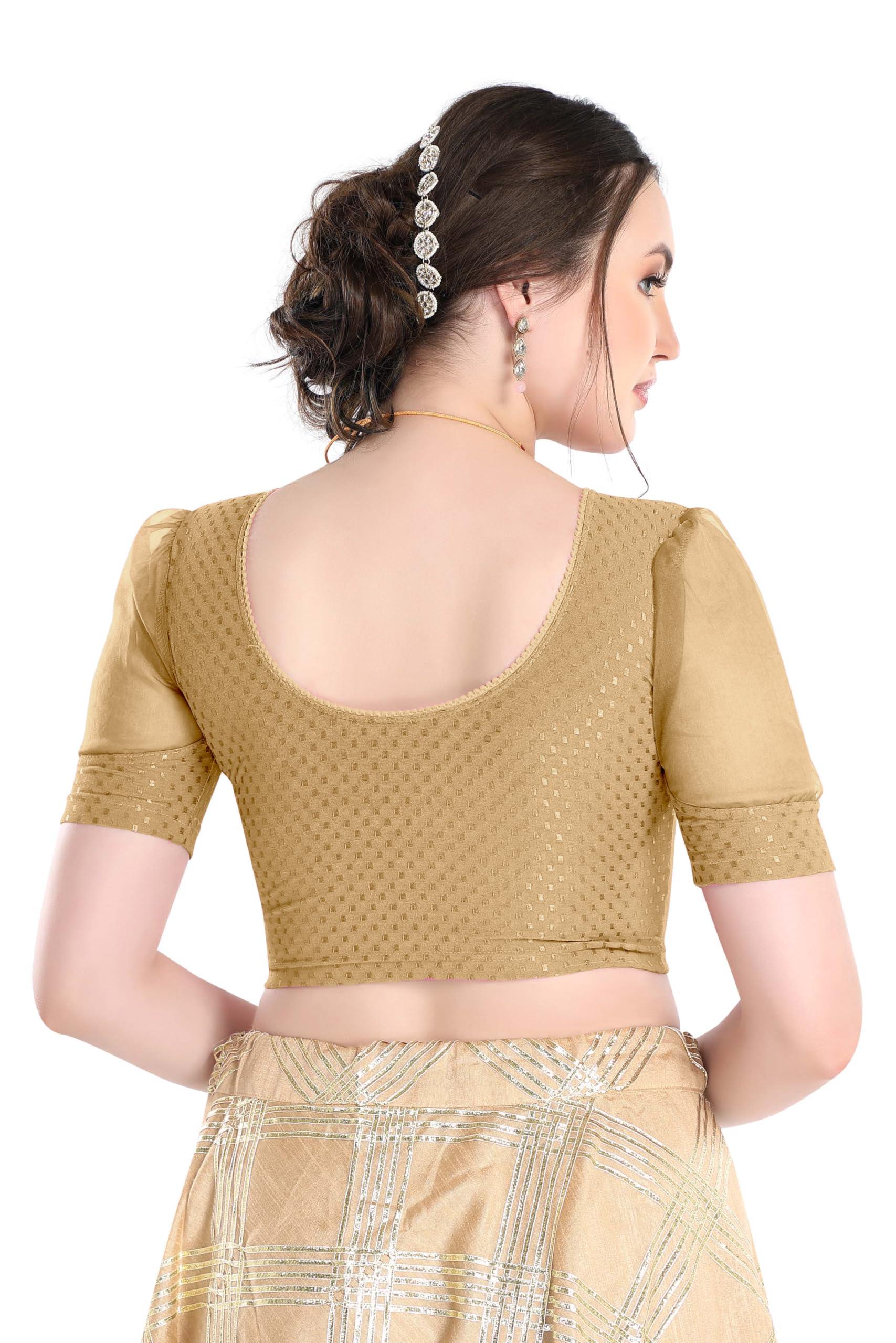 FINESTFIT Stay On Trend Latest Fashion 100% Cotton Dobby Readymade Blouses for Women,Round Neckline with Organza Balloon Sleeves.4520