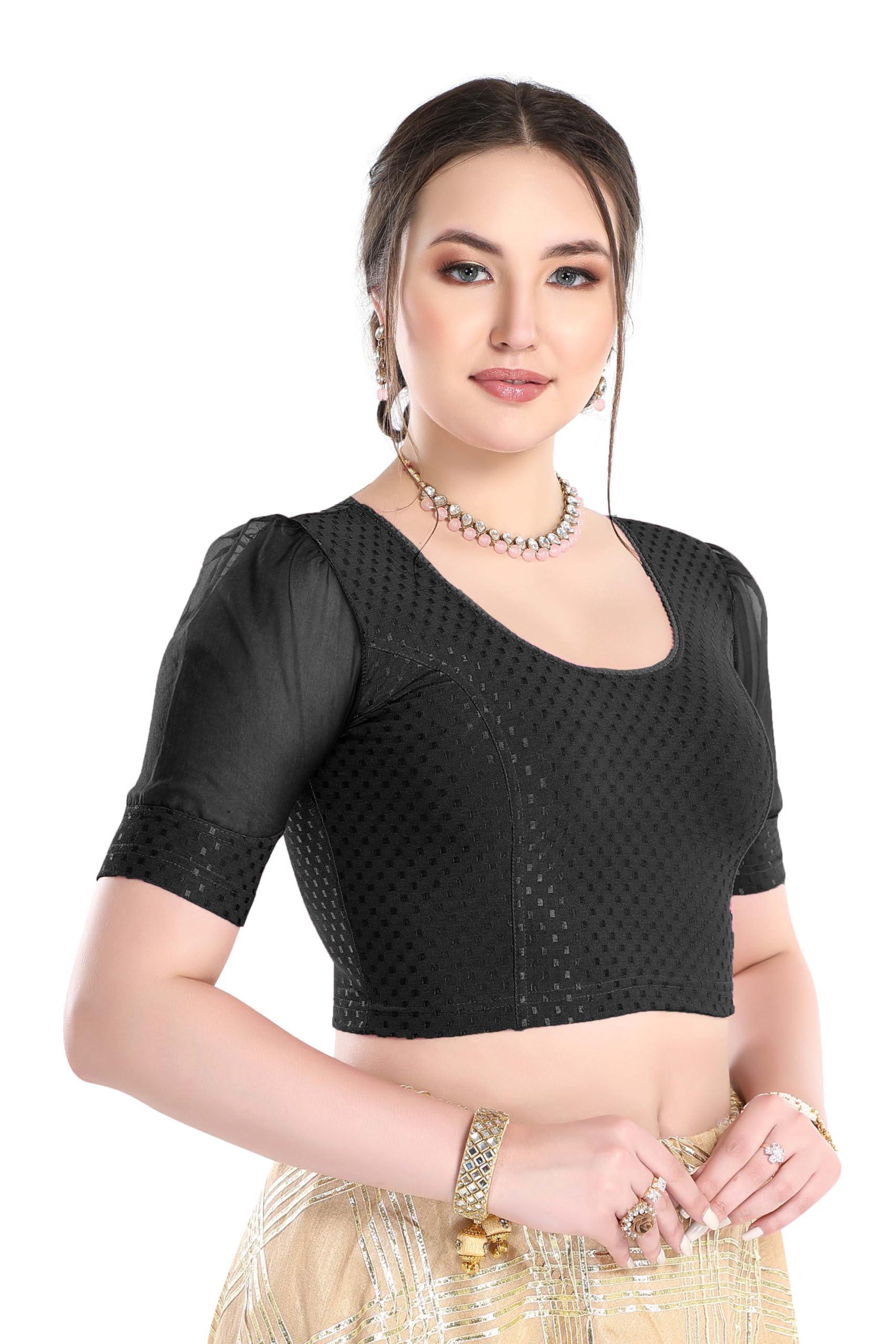 FINESTFIT Stay On Trend Latest Fashion 100% Cotton Dobby Readymade Blouses for Women,Round Neckline with Organza Balloon Sleeves.4520