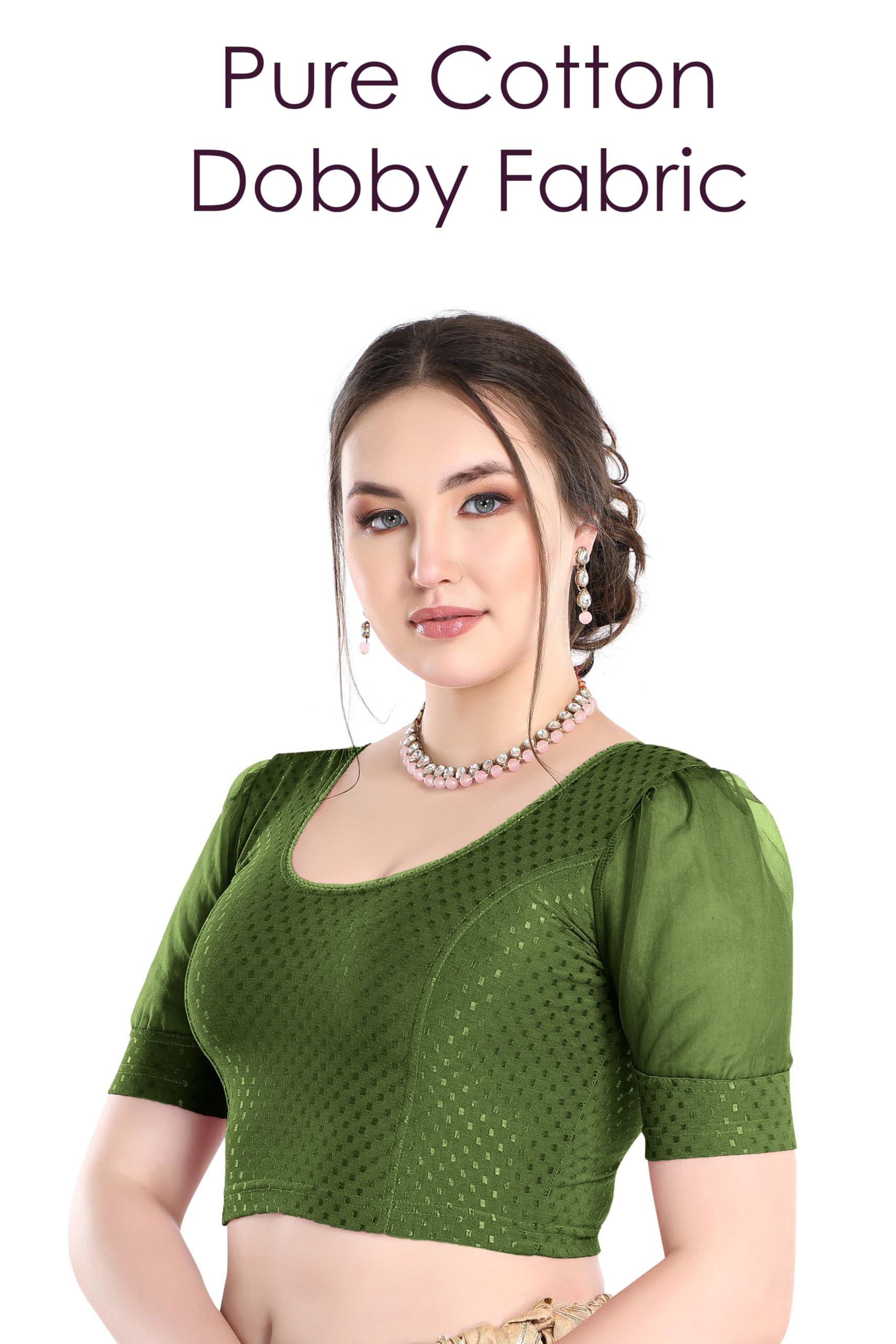 FINESTFIT Stay On Trend Latest Fashion 100% Cotton Dobby Readymade Blouses for Women,Round Neckline with Organza Balloon Sleeves.4520