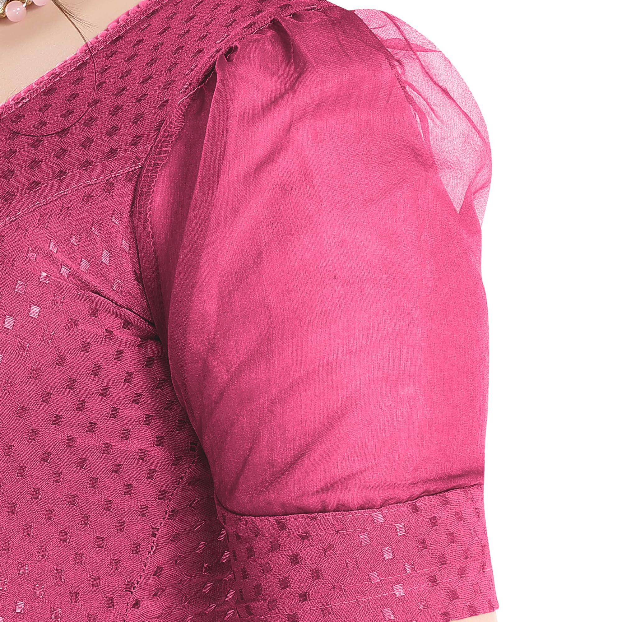 FINESTFIT Stay On Trend Latest Fashion 100% Cotton Dobby Readymade Blouses for Women,Round Neckline with Organza Balloon Sleeves.4520