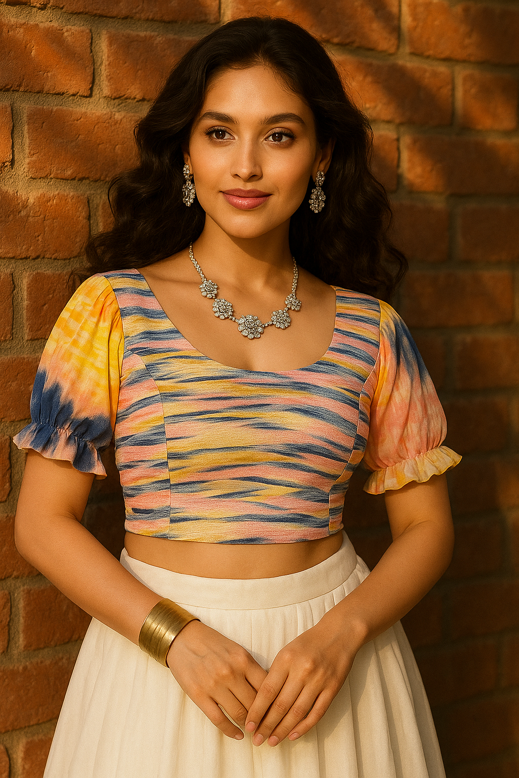 Stay On Trend: Latest Fashion Readymade Blouses for Women,round neckline,hand dyed georgette elasticated balloon sleeves .32080 - FINESTFIT