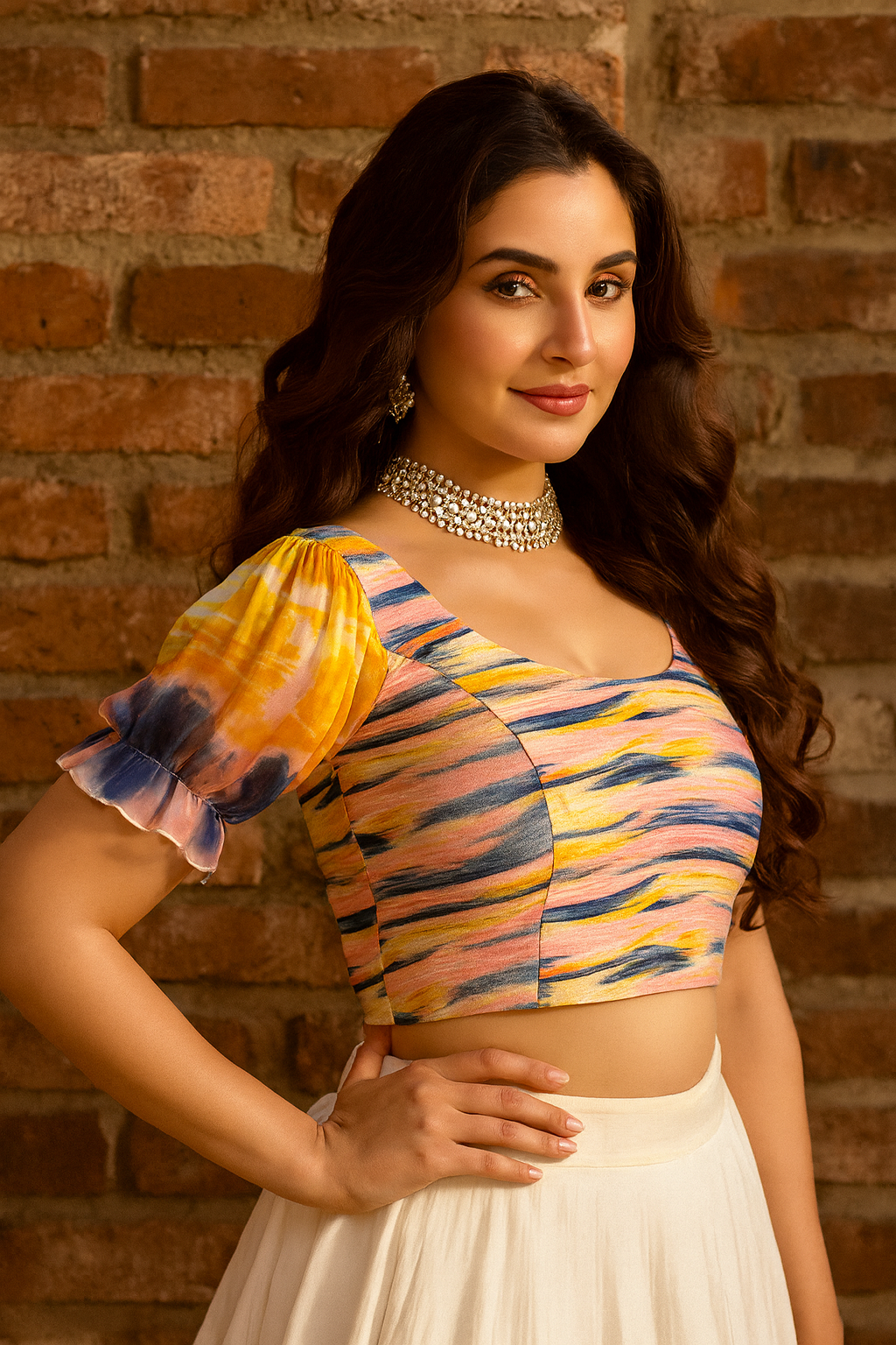 Stay On Trend: Latest Fashion Readymade Blouses for Women,round neckline,hand dyed georgette elasticated balloon sleeves .32080 - FINESTFIT