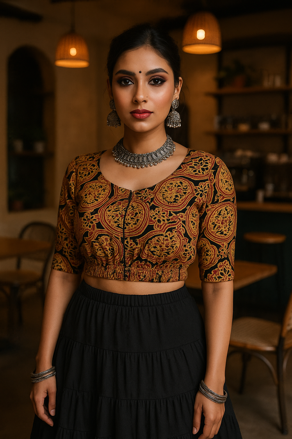 Stay On Trend with Latest Fashion Readymade Hook Blouses for Women - Round Neckline, Front Hook Closure, Elbow Sleeves, Full Elastic Hem 7510 - FINESTFIT