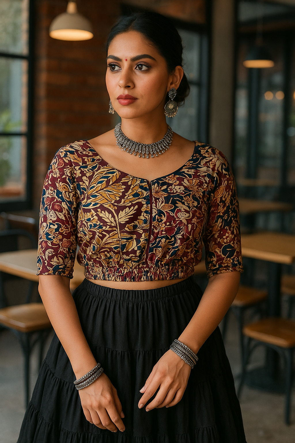 Stay On Trend with Latest Fashion Readymade Hook Blouses for Women - Round Neckline, Front Hook Closure, Elbow Sleeves, Full Elastic Hem 7510 - FINESTFIT