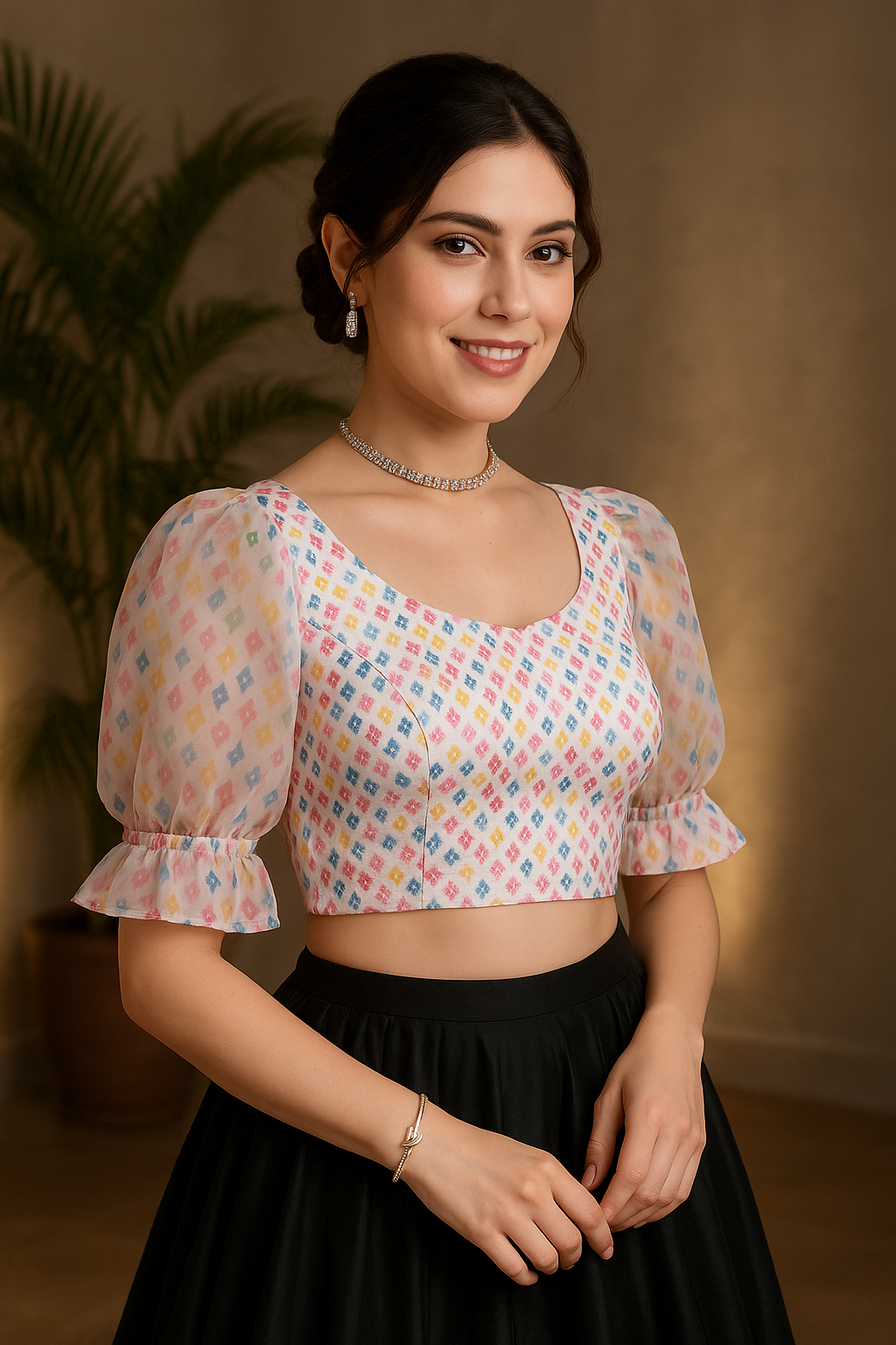 Stay On Trend with Digitally Printed Organza Balloon Sleeves Blouse for Women - Multicolour Printed, Round Neckline, Fabric Frill Detail - 20030 - FINESTFIT