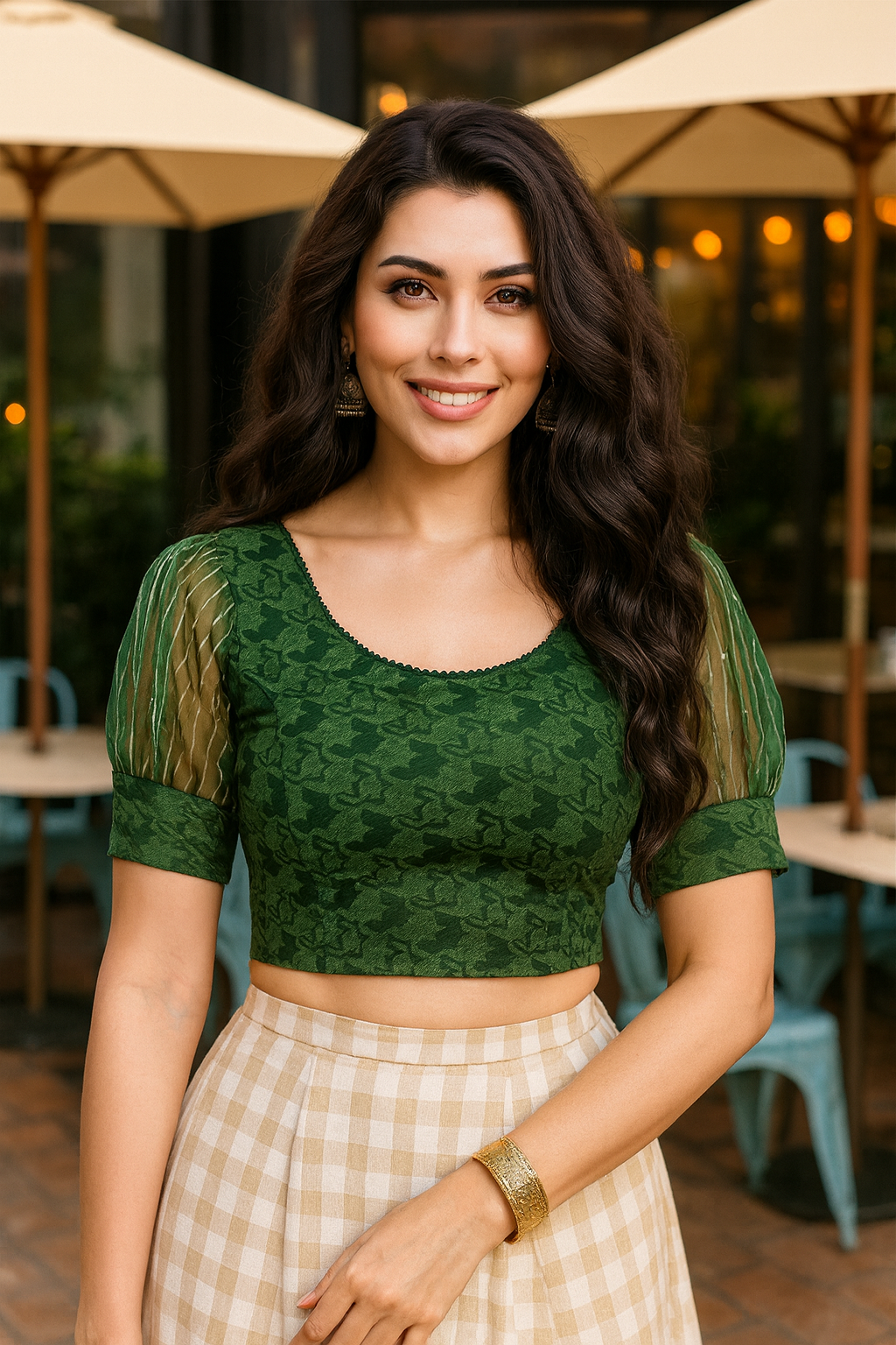 Stay On Trend with FinestFit Readymade Organza Puff Sleeves Blouse for Women, Round Neckline, Style 18153 - FINESTFIT